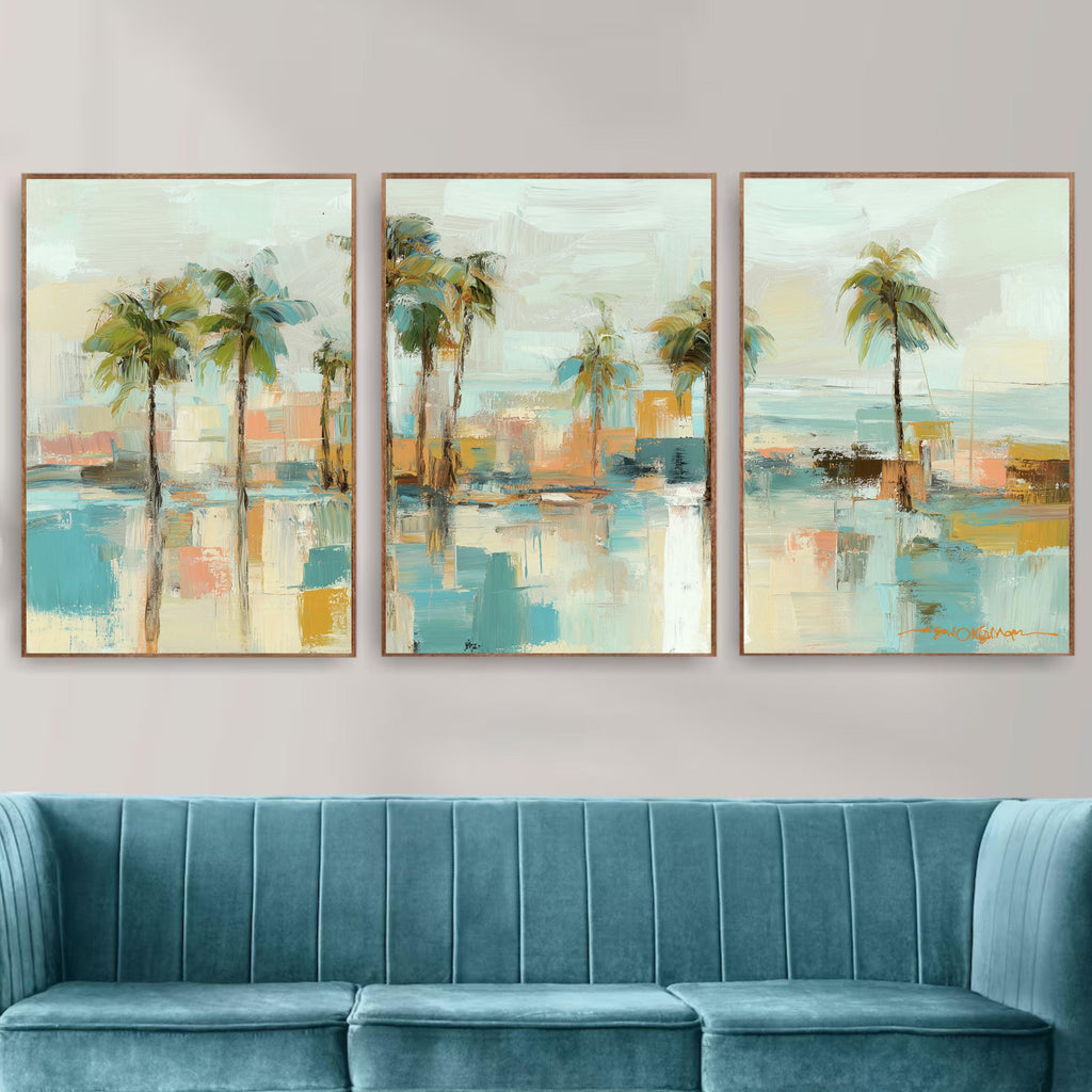 Ocean Coastal Palm Tree Art Set of 3 | Aqua Blue Tropical Prints | Modern Abstract Beach Wall Decor | Serene Coastal Triptych Artwork
