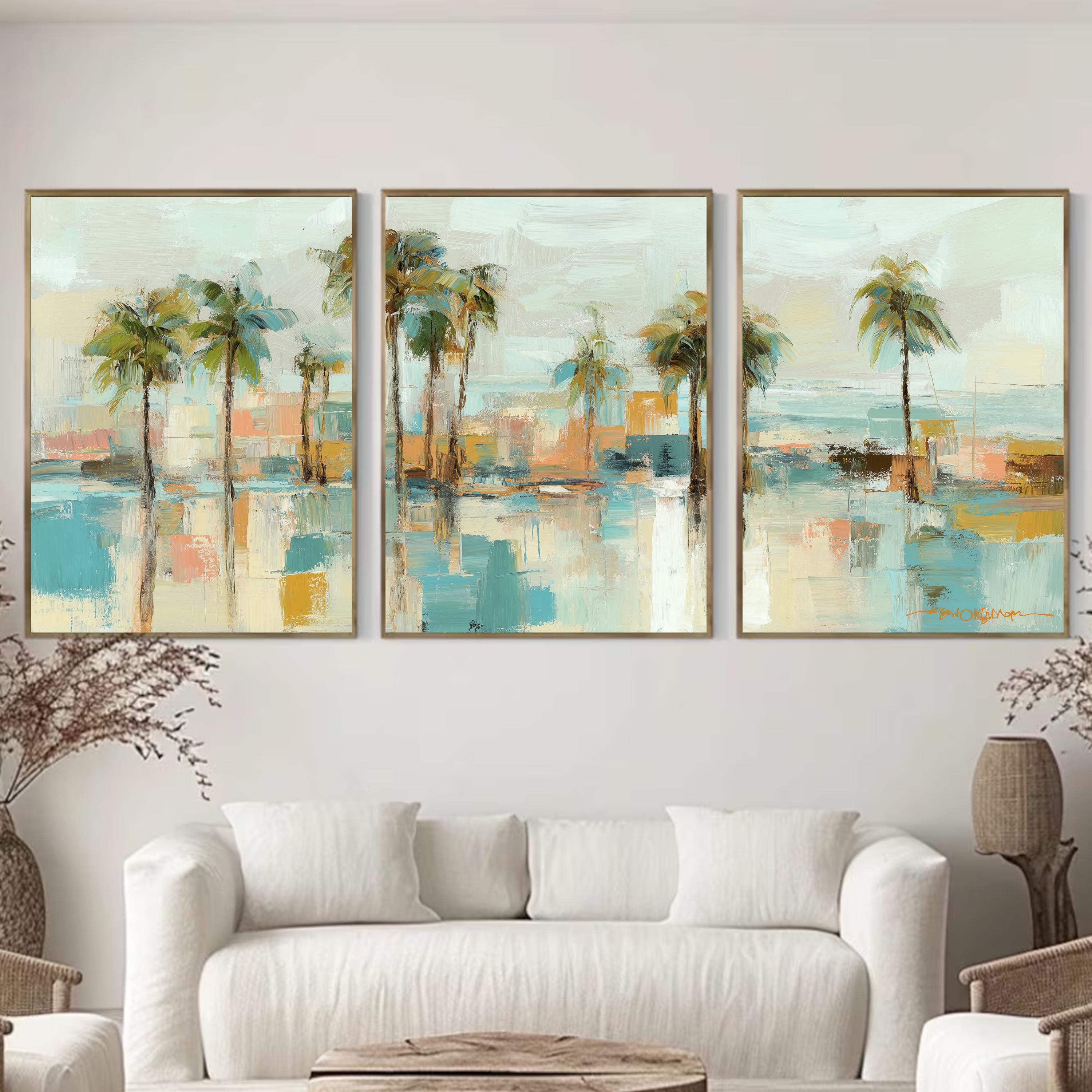 Ocean Coastal Palm Tree Art Set of 3 | Aqua Blue Tropical Prints | Modern Abstract Beach Wall Decor | Serene Coastal Triptych Artwork