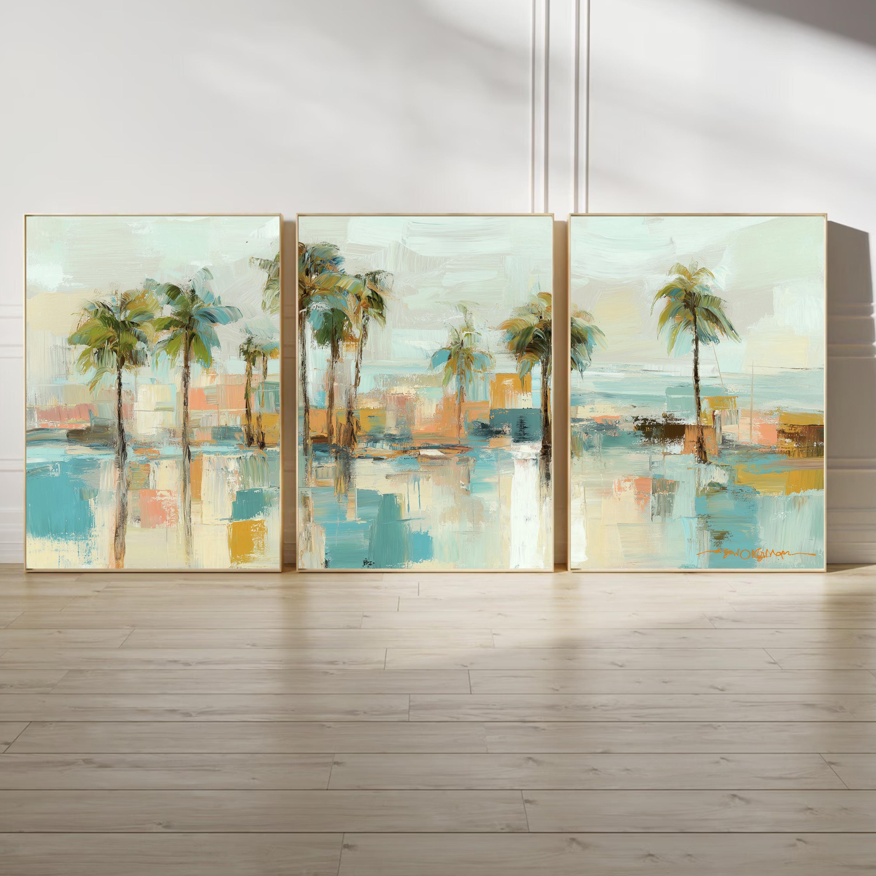 Ocean Coastal Palm Tree Art Set of 3 | Aqua Blue Tropical Prints | Modern Abstract Beach Wall Decor | Serene Coastal Triptych Artwork