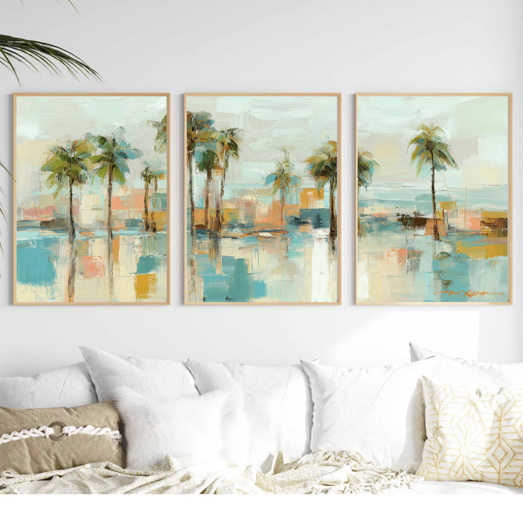 Ocean Coastal Palm Tree Art Set of 3 | Aqua Blue Tropical Prints | Modern Abstract Beach Wall Decor | Serene Coastal Triptych Artwork