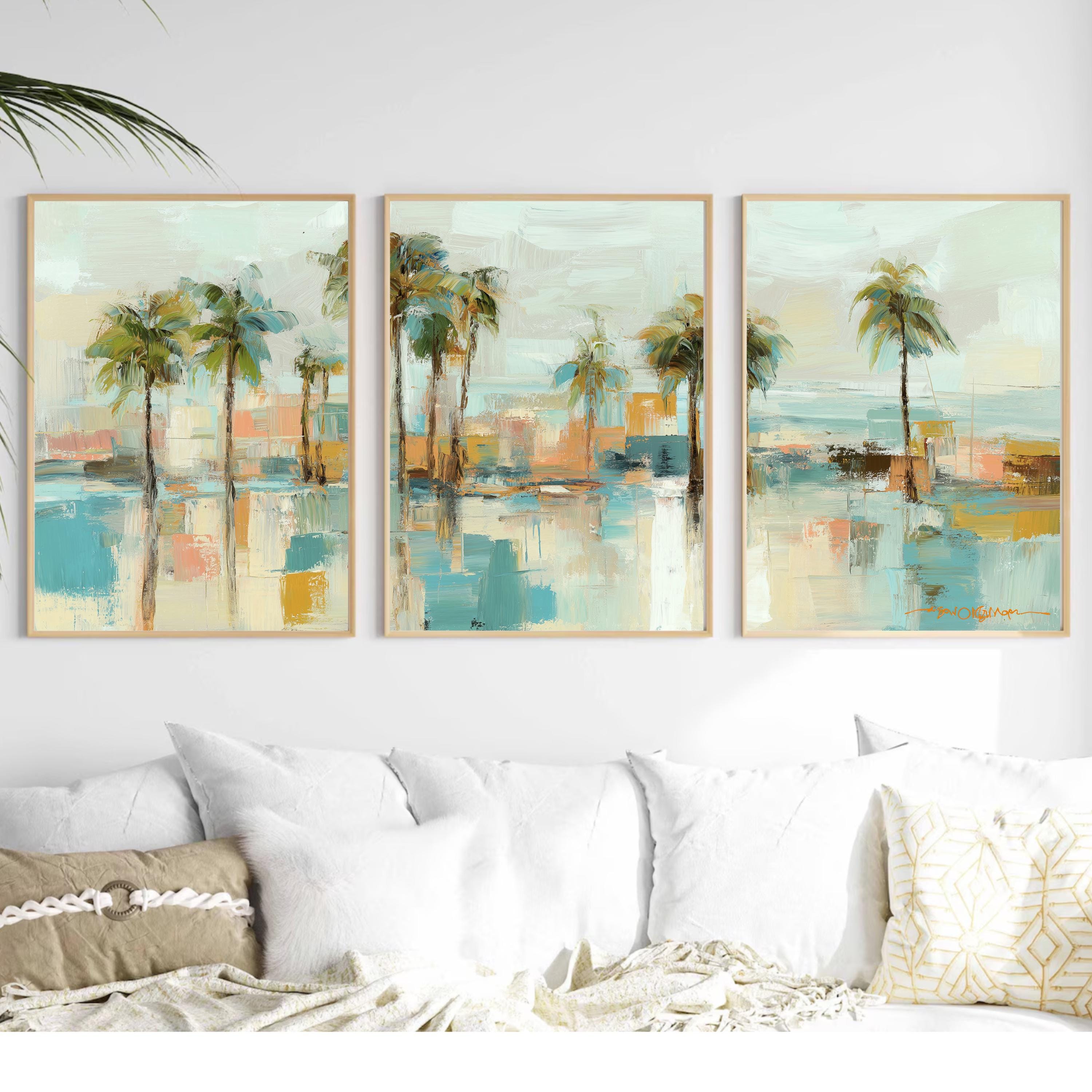 Ocean Coastal Palm Tree Art Set of 3 | Aqua Blue Tropical Prints | Modern Abstract Beach Wall Decor | Serene Coastal Triptych Artwork