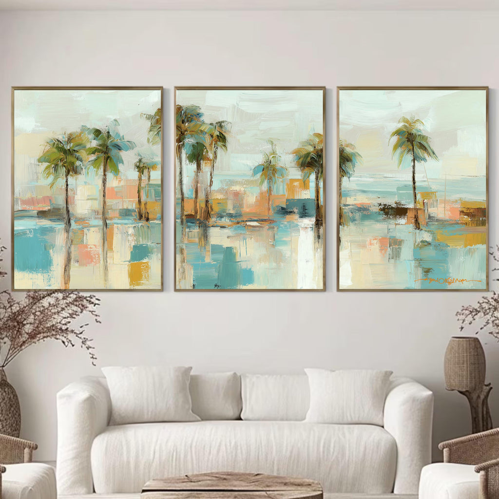 Ocean Coastal Palm Tree Art Set of 3 | Aqua Blue Tropical Prints | Modern Abstract Beach Wall Decor | Serene Coastal Triptych Artwork