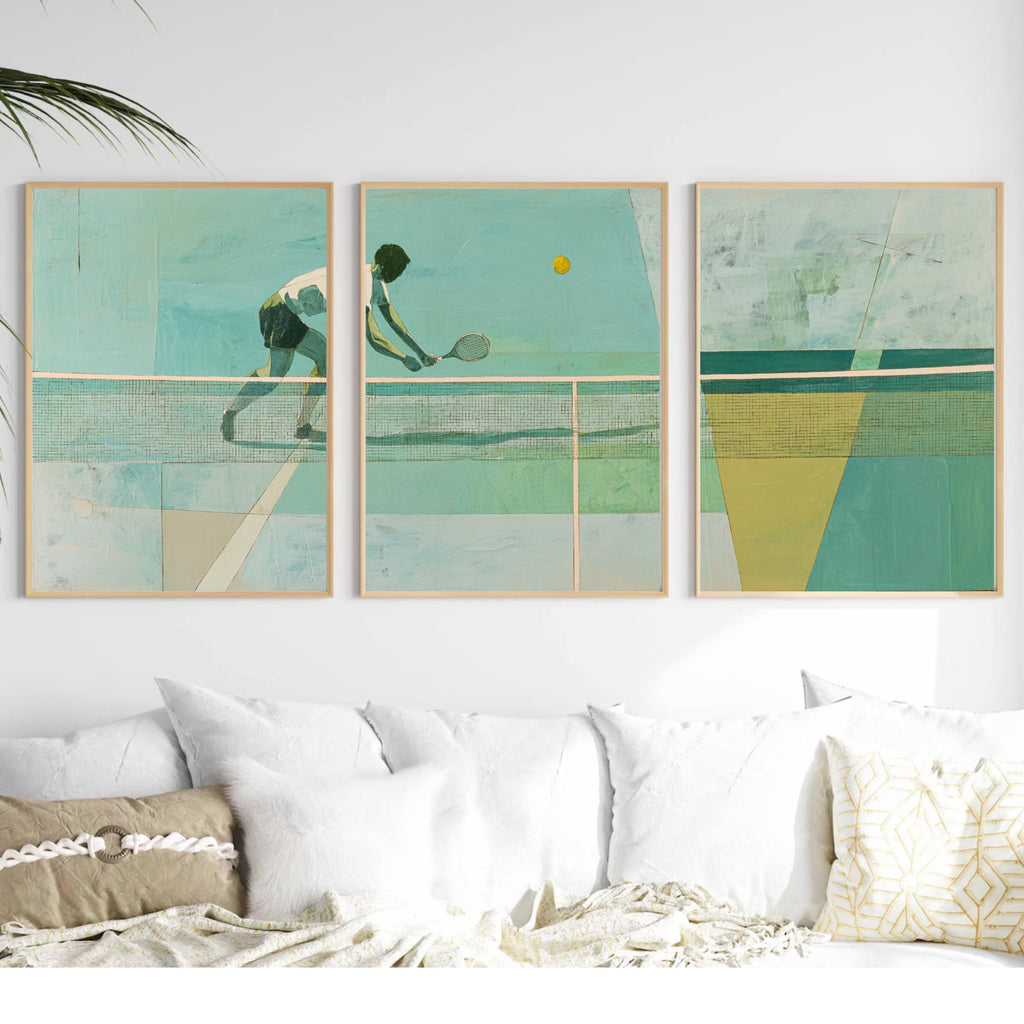 Green Tennis Art Poster Set | 3 Piece Sports Wall Prints | Tennis Gift for Players and Fans| Large 32x24 Inch Prints