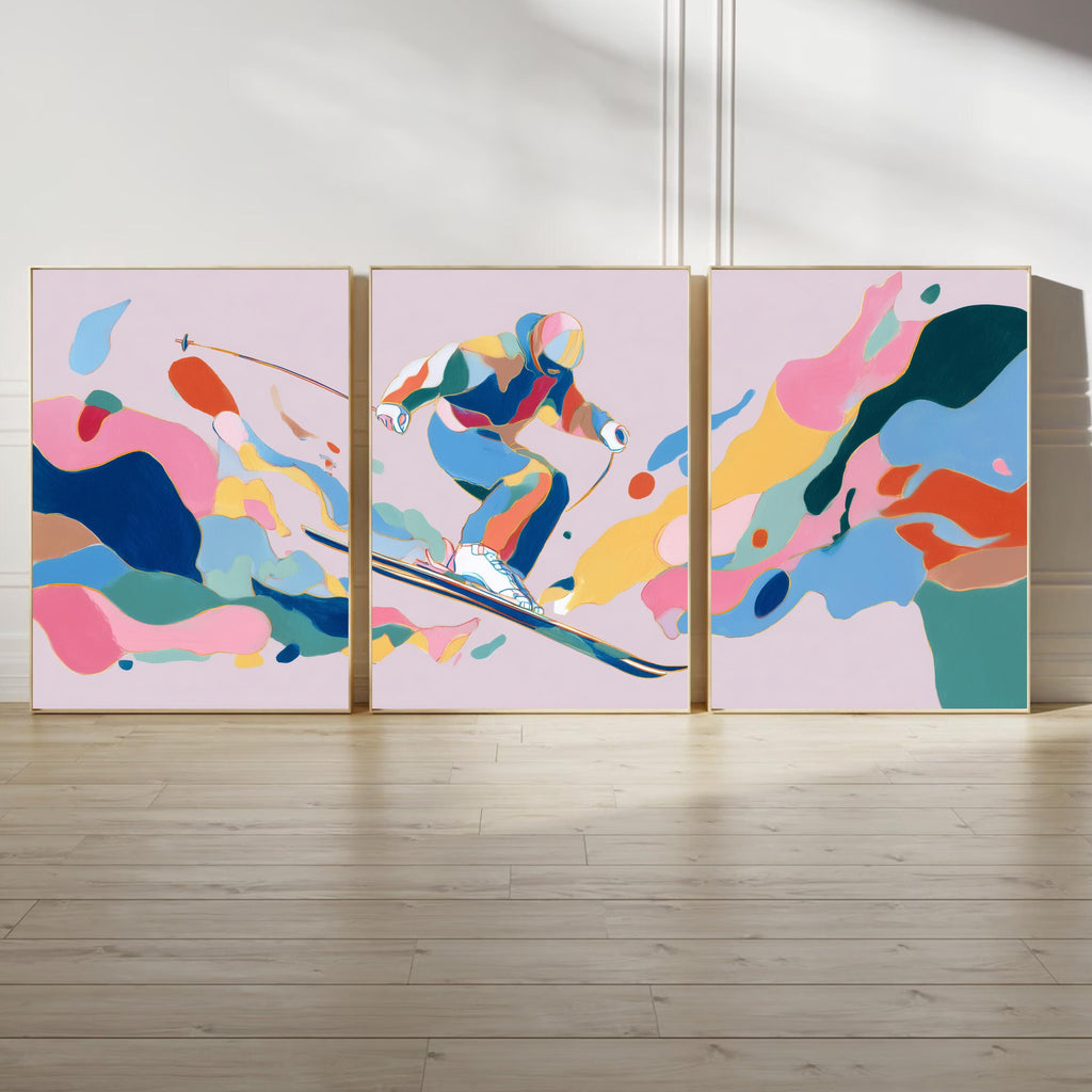 Abstract Skier Painting Poster Set | 3 Piece Wall Art Prints | Extreme Winter Sports Acrylic Artwork | Large 32x24 Inch Prints