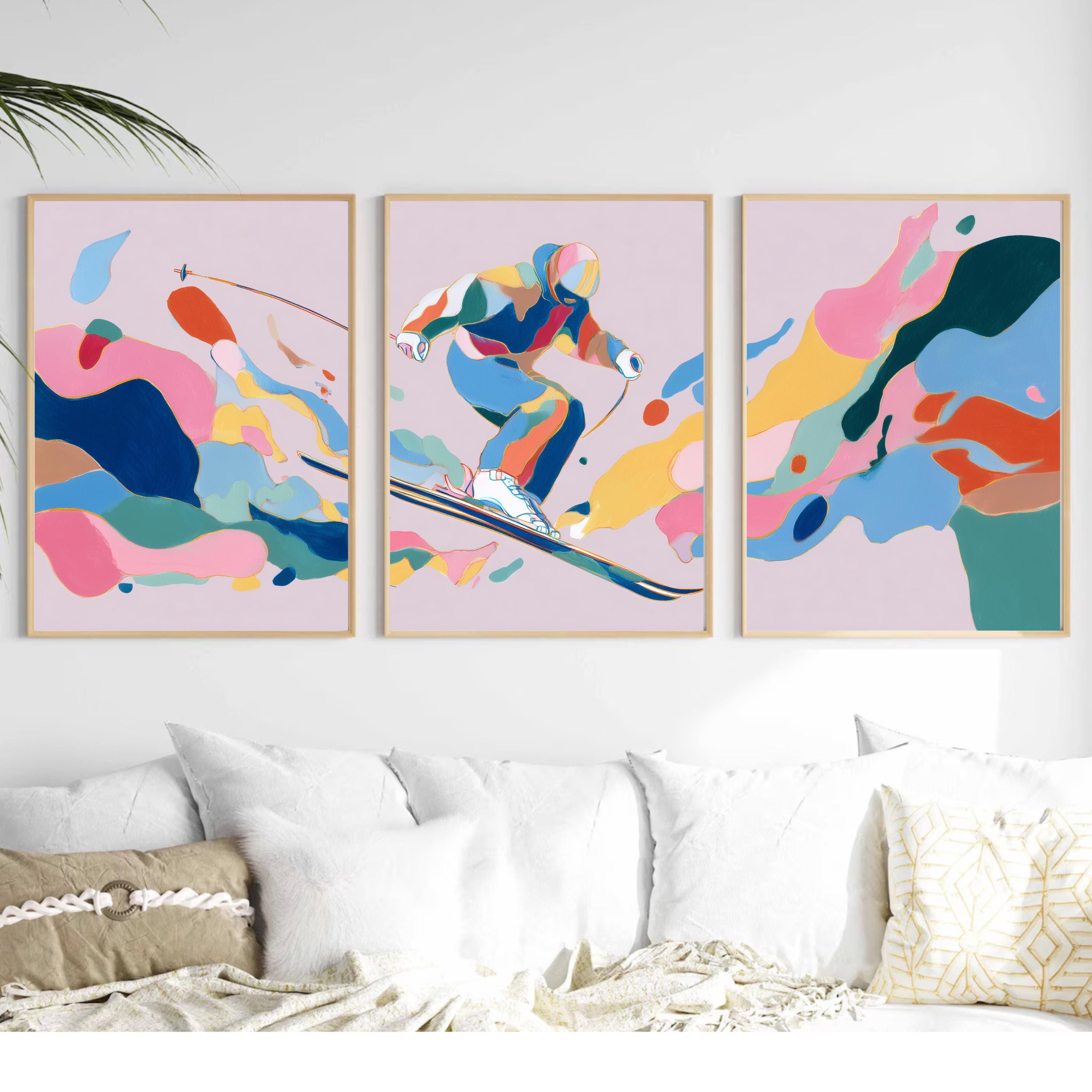 Abstract Skier Painting Poster Set | 3 Piece Wall Art Prints | Extreme Winter Sports Acrylic Artwork | Large 32x24 Inch Prints