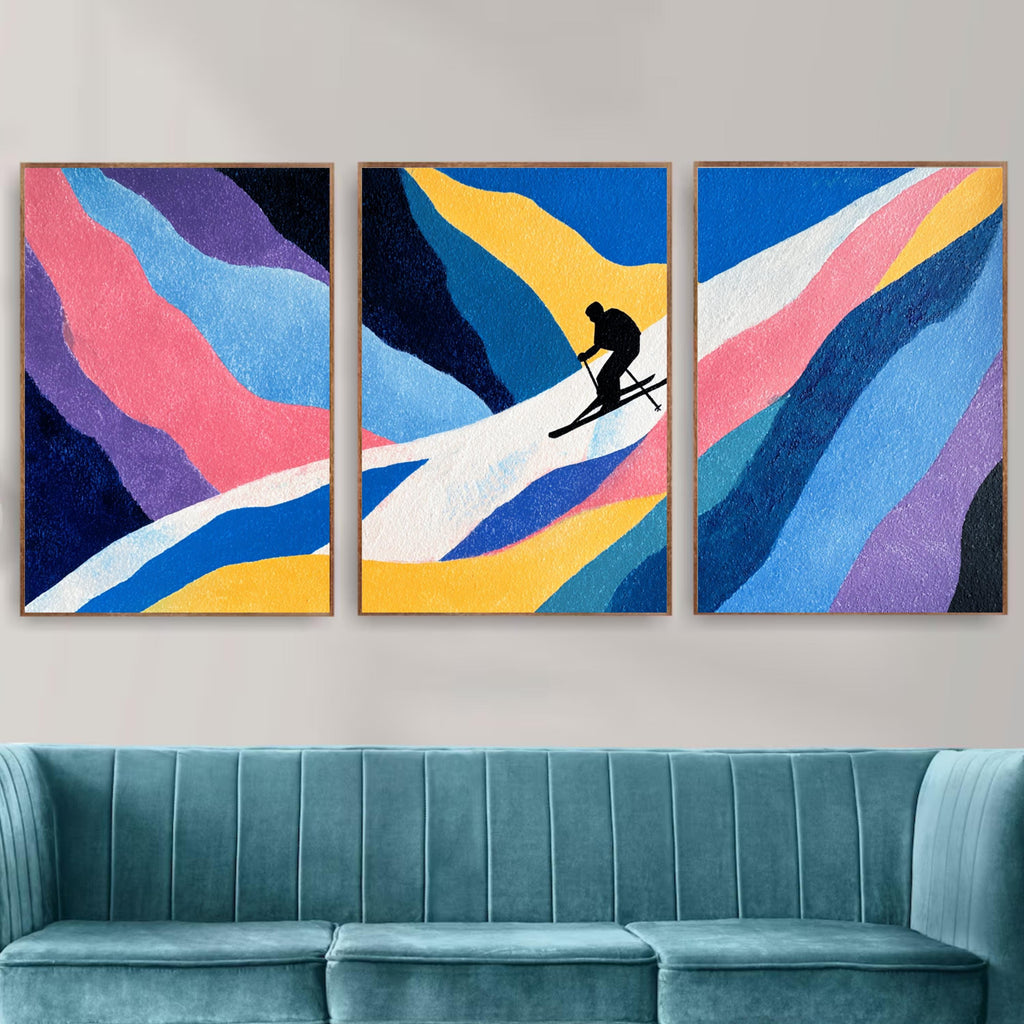 Ski Painting Poster Set | 3 Piece Wall Art Prints | Extreme Winter Sports Acrylic Artwork | Large 32x24 Inch Prints