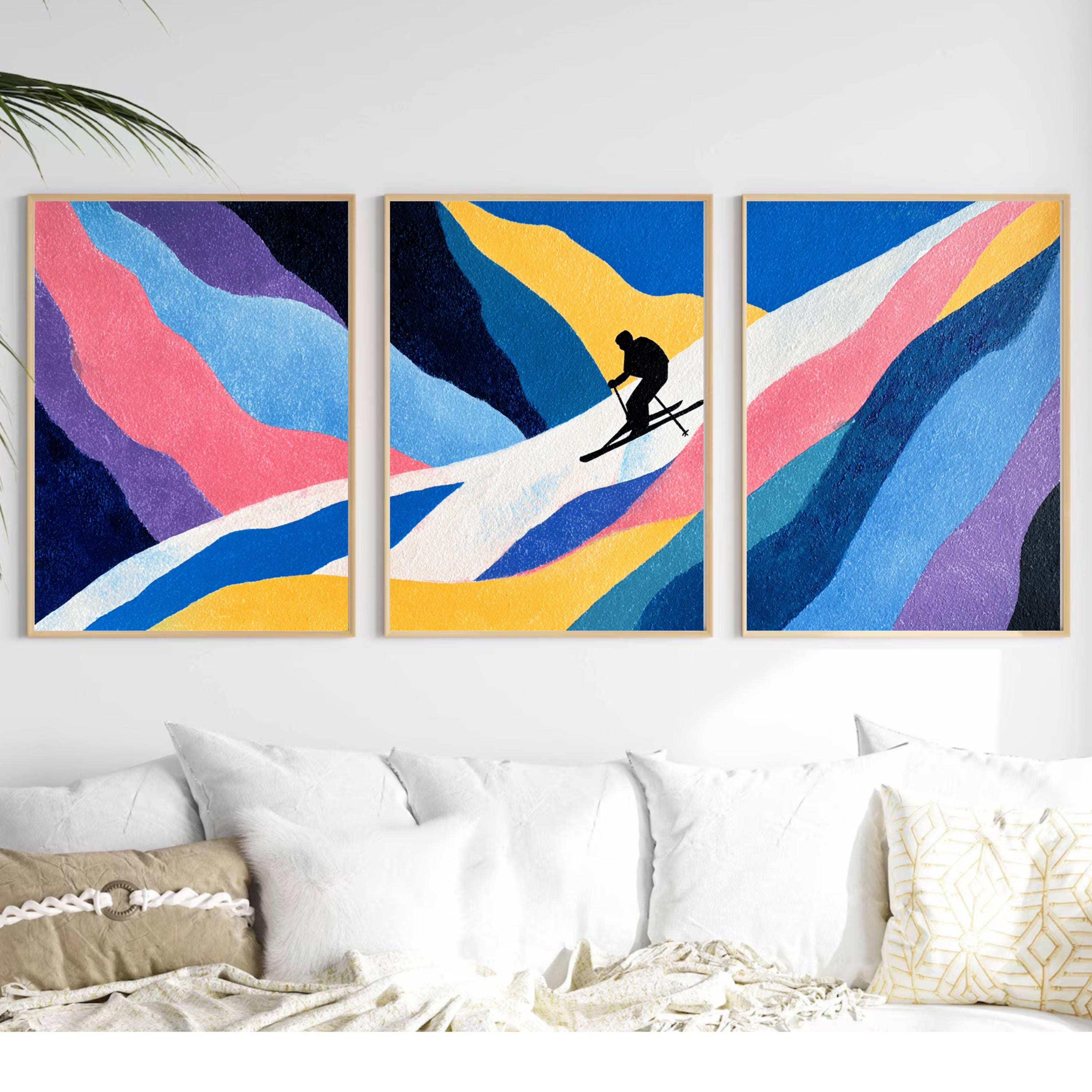 Ski Painting Poster Set | 3 Piece Wall Art Prints | Extreme Winter Sports Acrylic Artwork | Large 32x24 Inch Prints