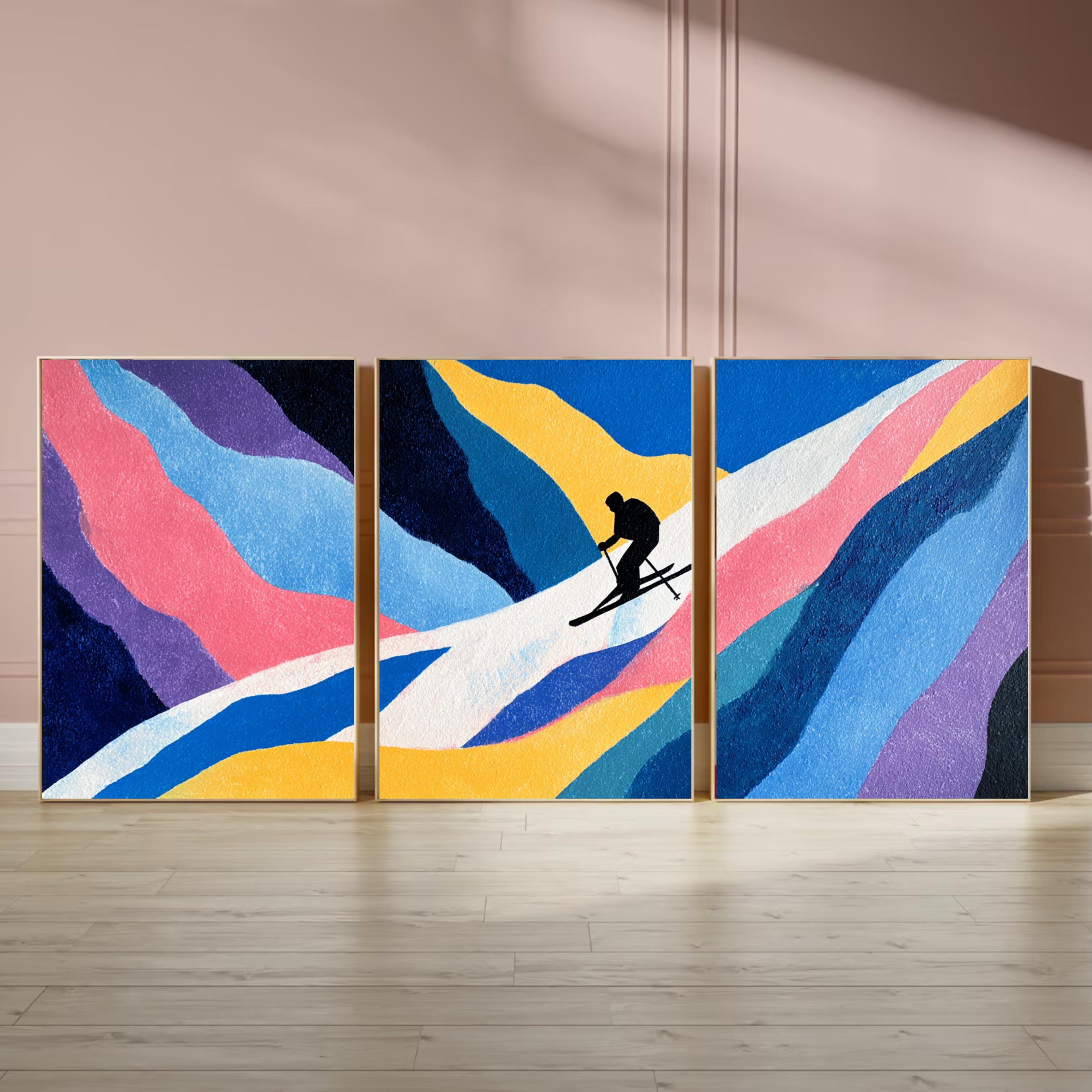 Ski Painting Poster Set | 3 Piece Wall Art Prints | Extreme Winter Sports Acrylic Artwork | Large 32x24 Inch Prints