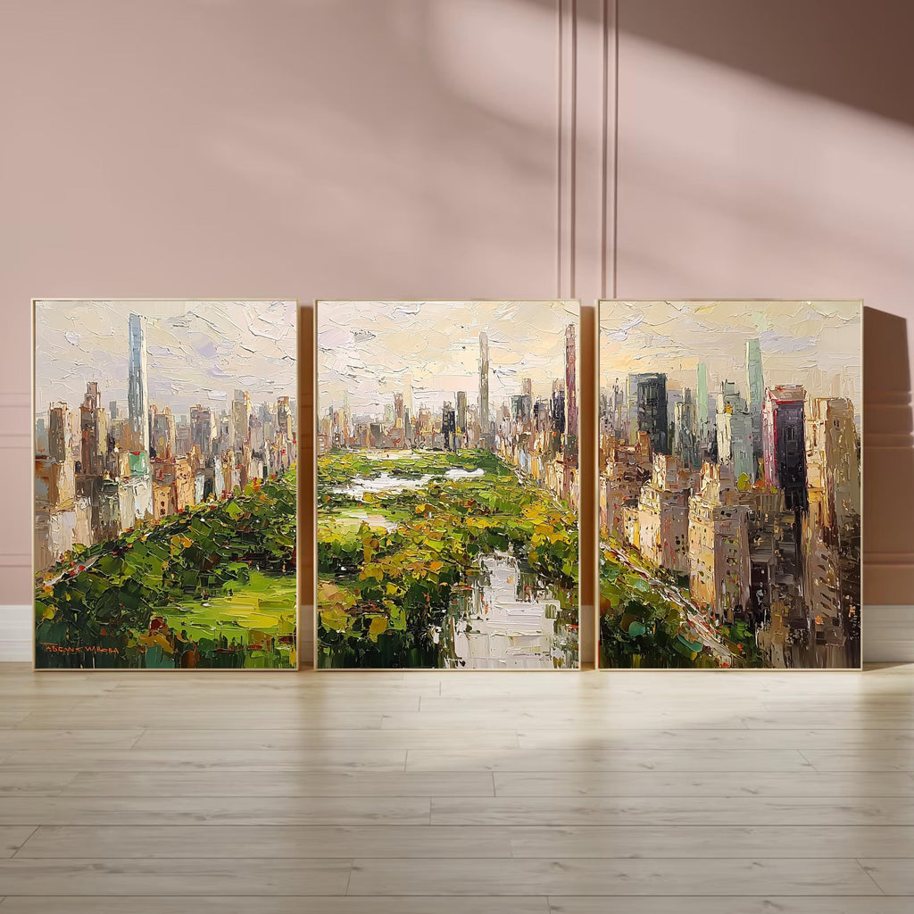 Central Park New York from above | 3-Panel Wall Art , Autumn Cityscape Painting, NYC Skyline & Park Trio