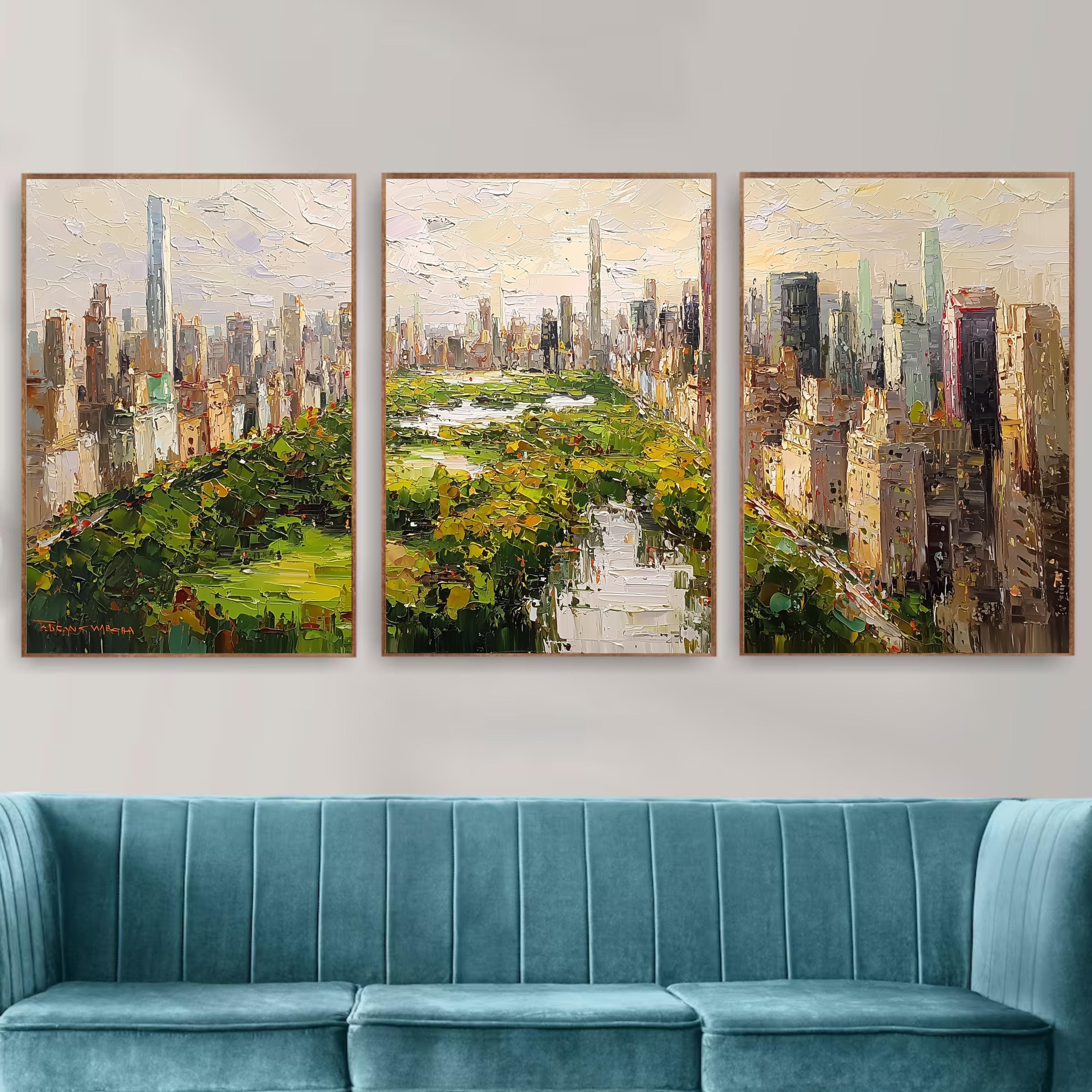Central Park New York from above | 3-Panel Wall Art , Autumn Cityscape Painting, NYC Skyline & Park Trio