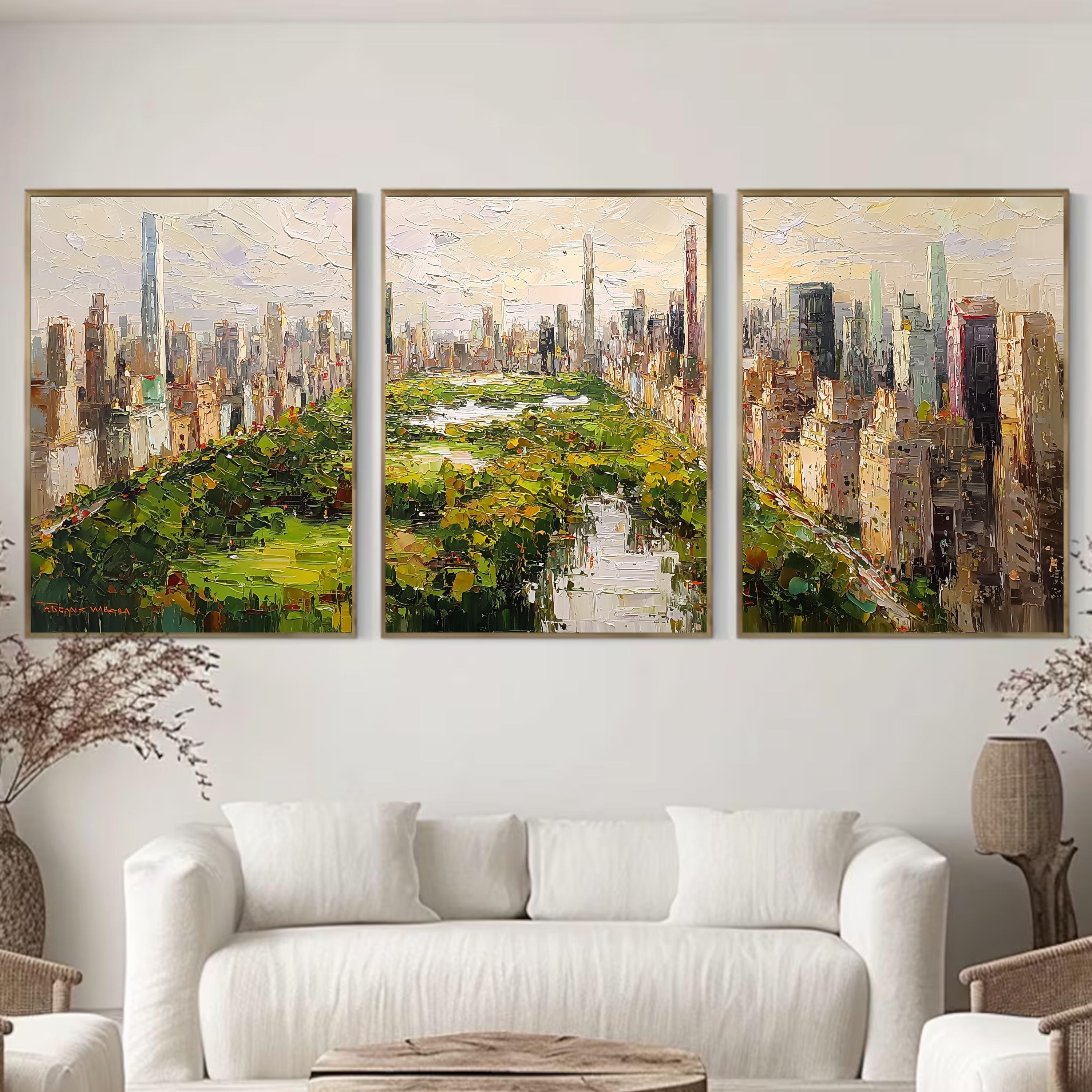 Central Park New York from above | 3-Panel Wall Art , Autumn Cityscape Painting, NYC Skyline & Park Trio