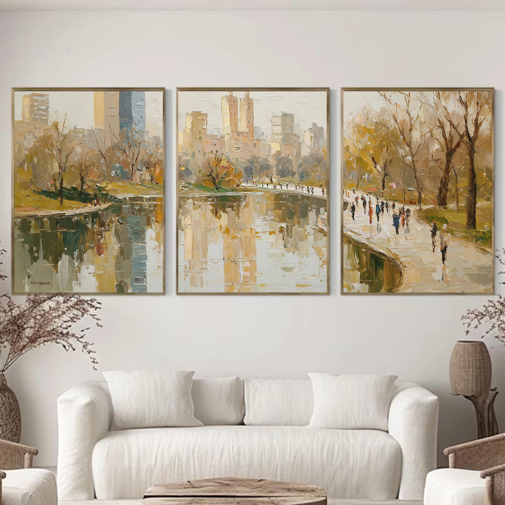 New York Central park 3-Panel Wall Art, Autumn Cityscape Painting, NYC Skyline & Park Trio