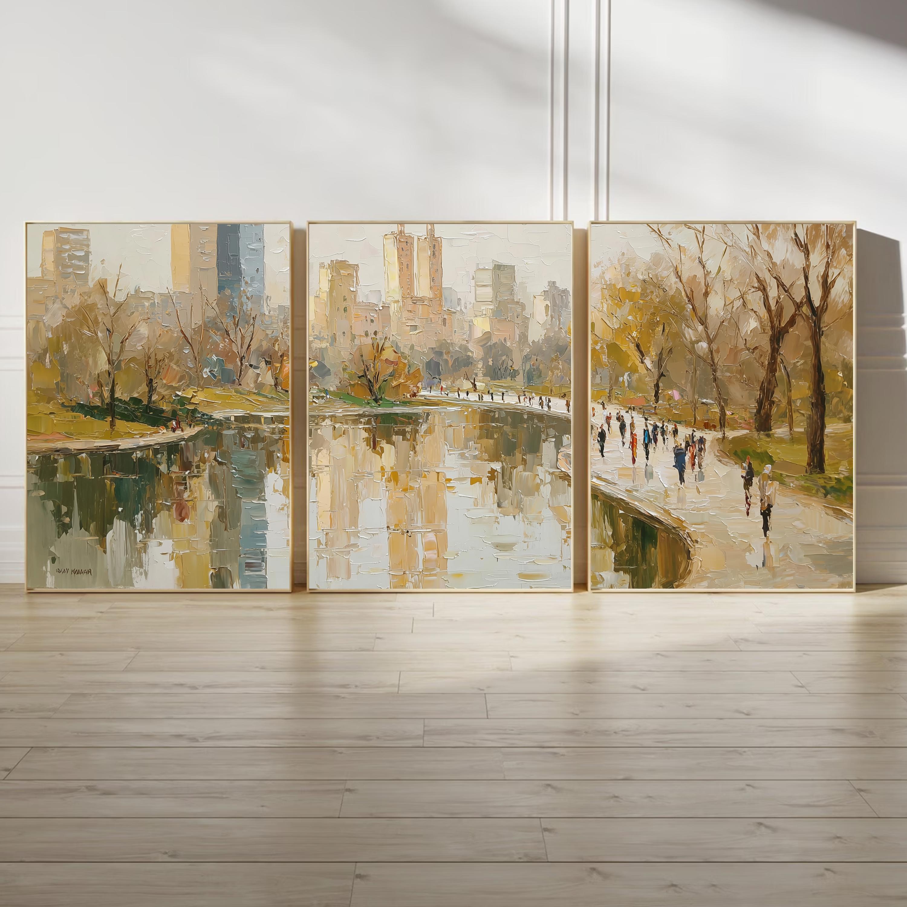 New York Central park 3-Panel Wall Art, Autumn Cityscape Painting, NYC Skyline & Park Trio