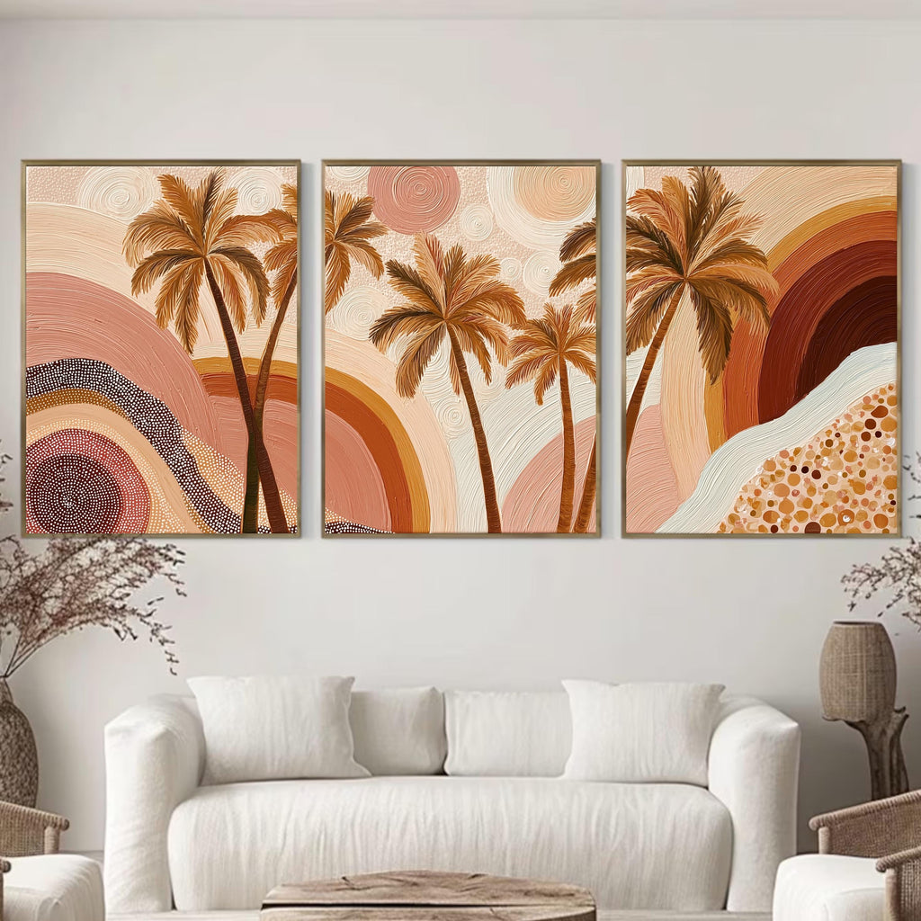 Boho Palm Tree Wall Art Set • Neutral Earth Tone Triptych Prints • Coastal Boho Decor • Tropical Sunset Abstract Art • Living Room Wall