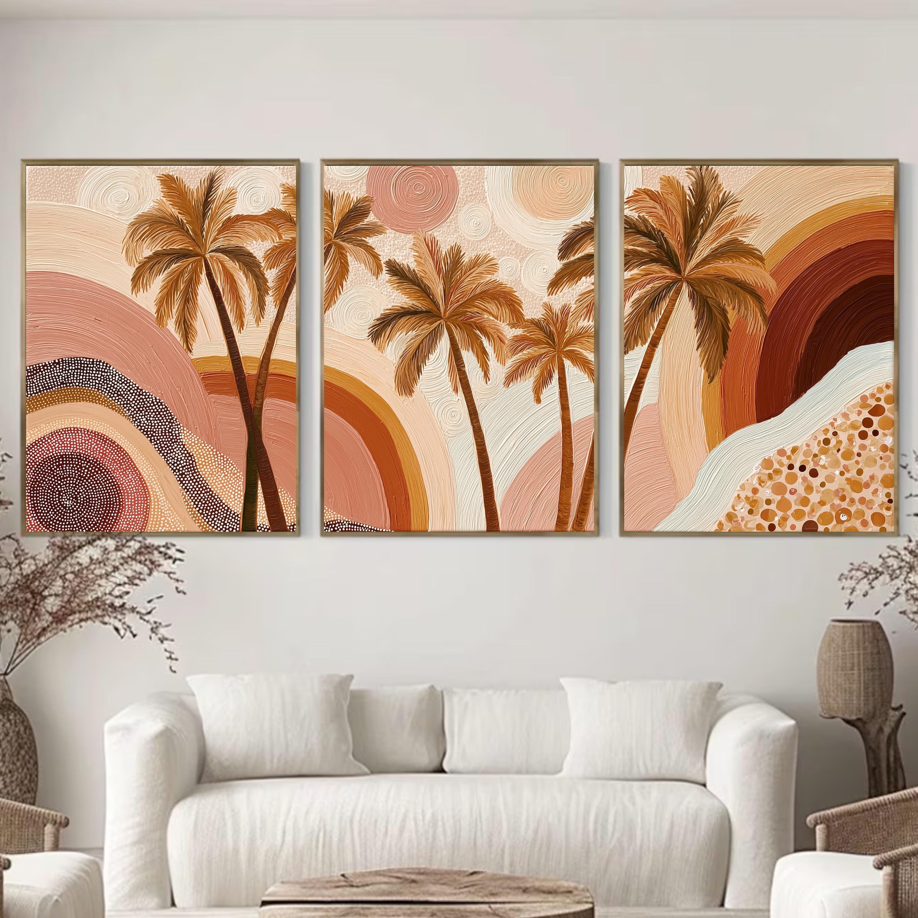 Boho Palm Tree Wall Art Set • Neutral Earth Tone Triptych Prints • Coastal Boho Decor • Tropical Sunset Abstract Art • Living Room Wall