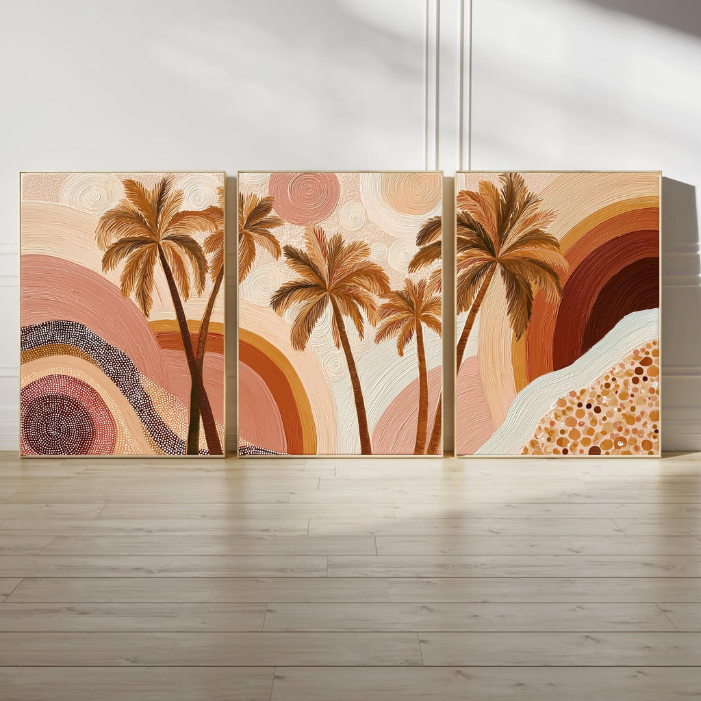 Boho Palm Tree Wall Art Set • Neutral Earth Tone Triptych Prints • Coastal Boho Decor • Tropical Sunset Abstract Art • Living Room Wall