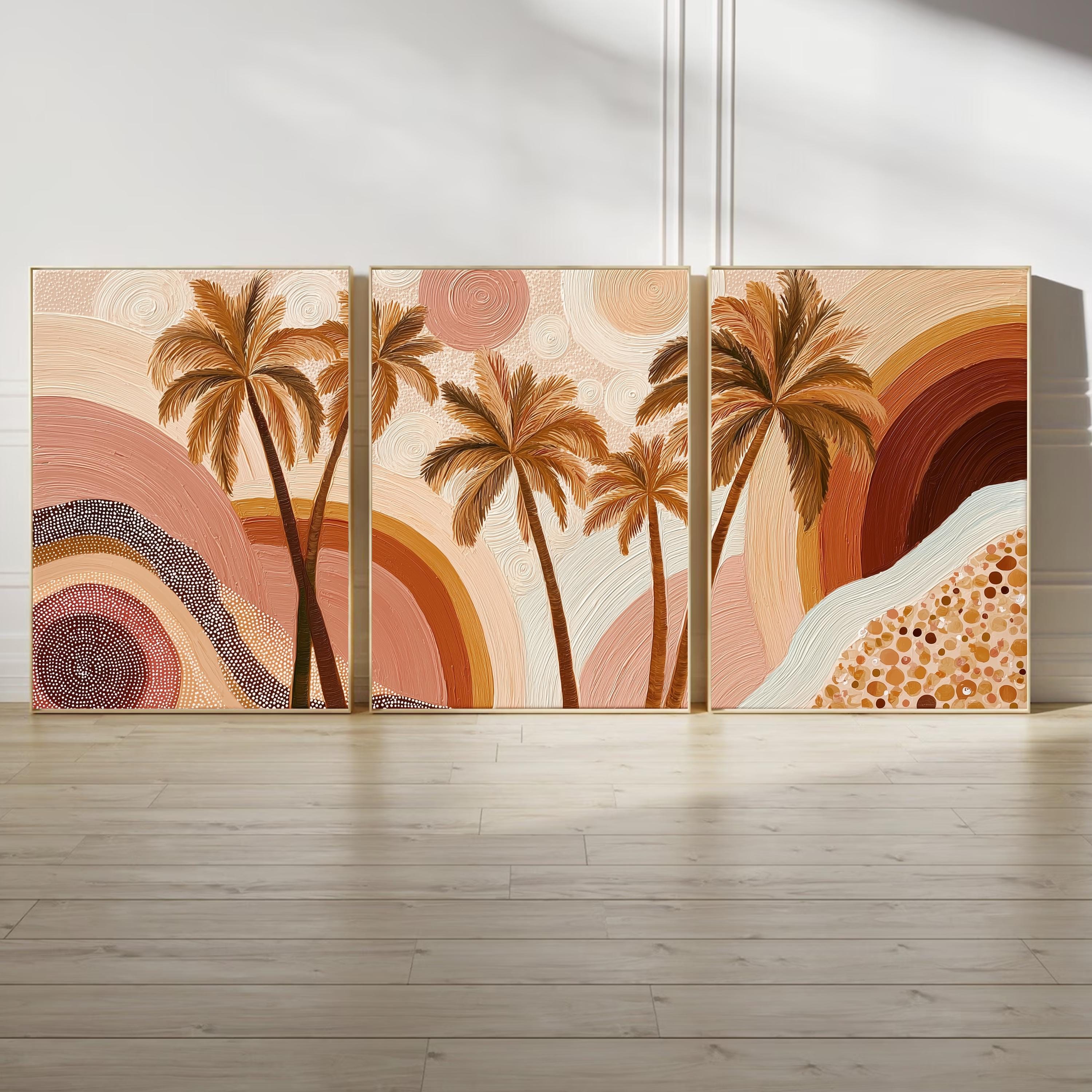 Boho Palm Tree Wall Art Set • Neutral Earth Tone Triptych Prints • Coastal Boho Decor • Tropical Sunset Abstract Art • Living Room Wall