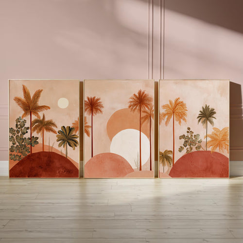 Boho Palm Tree Wall Art Set of 3 | Desert Sunset Prints | Coastal Tropical Decor | Terracotta Neutral Art | Boho Living Room Wall Prints