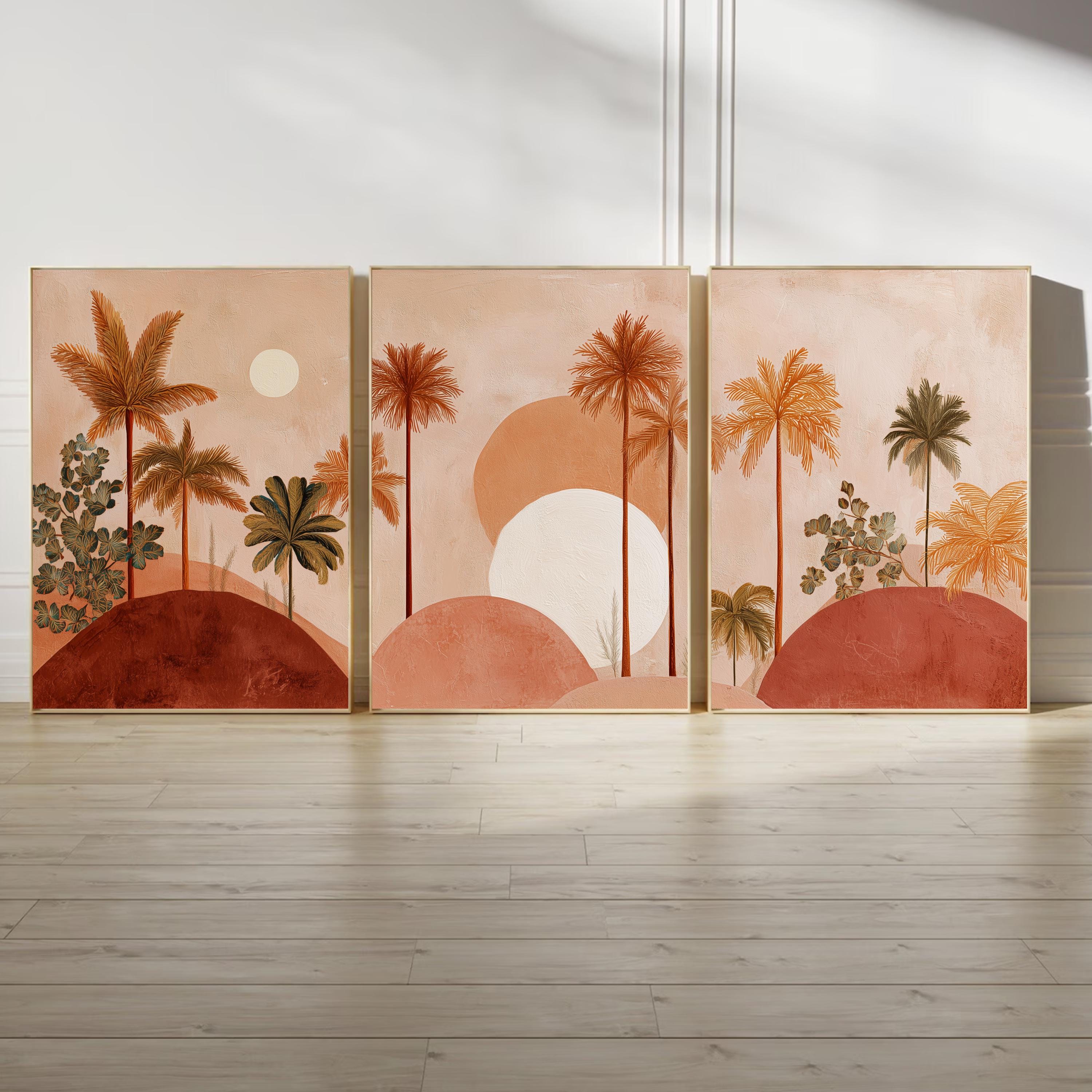 Boho Palm Tree Wall Art Set of 3 | Desert Sunset Prints | Coastal Tropical Decor | Terracotta Neutral Art | Boho Living Room Wall Prints