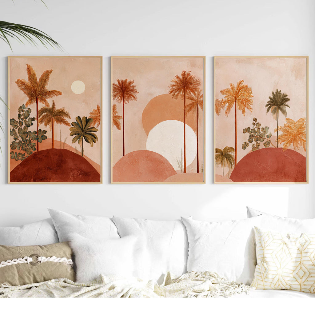 Boho Palm Tree Wall Art Set of 3 | Desert Sunset Prints | Coastal Tropical Decor | Terracotta Neutral Art | Boho Living Room Wall Prints