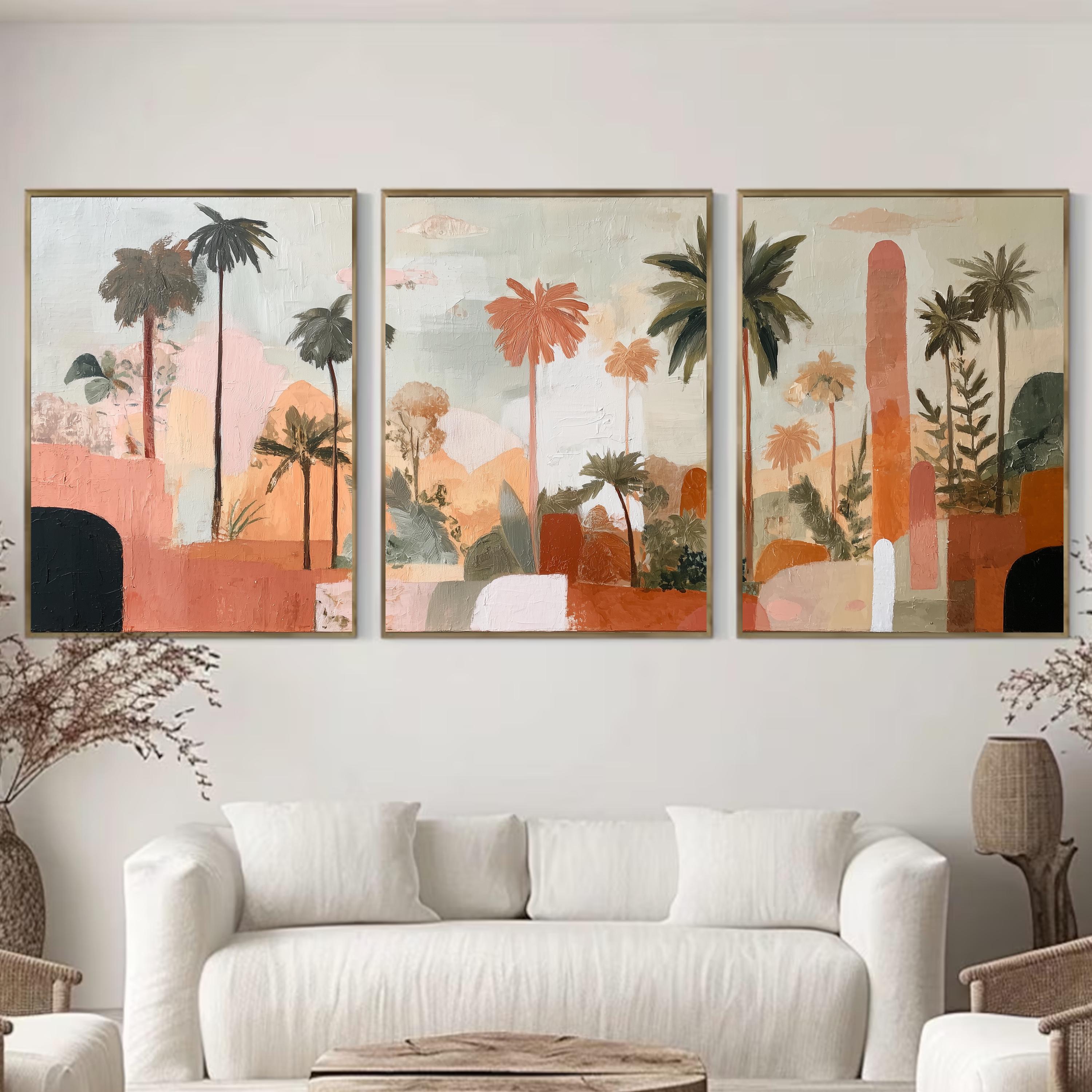 Boho Abstract Palm Tree Art Set of 3 | Tropical Landscape Prints | Terracotta Botanical Wall Decor | Warm Earth Tone Triptych Posters