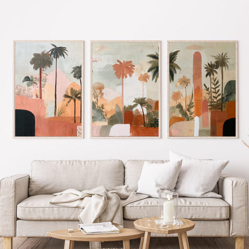 Boho Abstract Palm Tree Art Set of 3 | Tropical Landscape Prints | Terracotta Botanical Wall Decor | Warm Earth Tone Triptych Posters