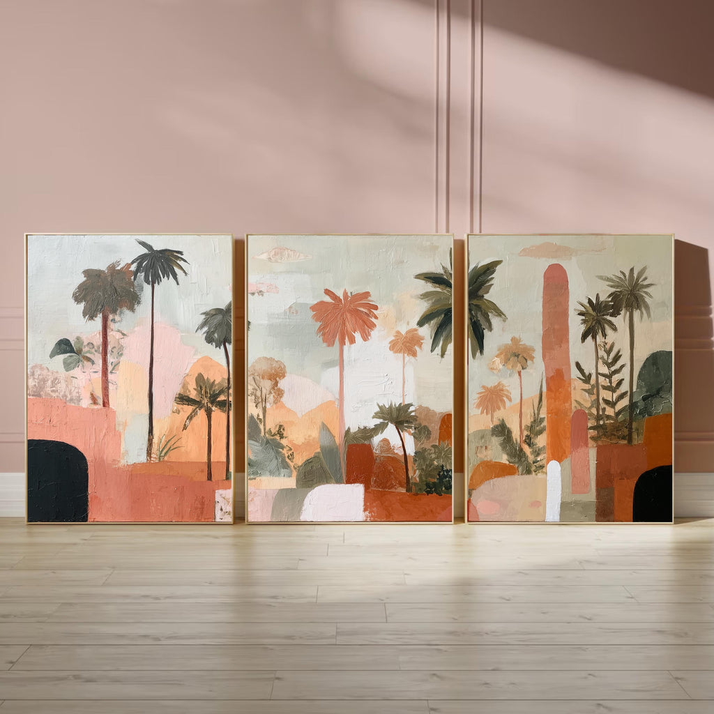 Boho Abstract Palm Tree Art Set of 3 | Tropical Landscape Prints | Terracotta Botanical Wall Decor | Warm Earth Tone Triptych Posters