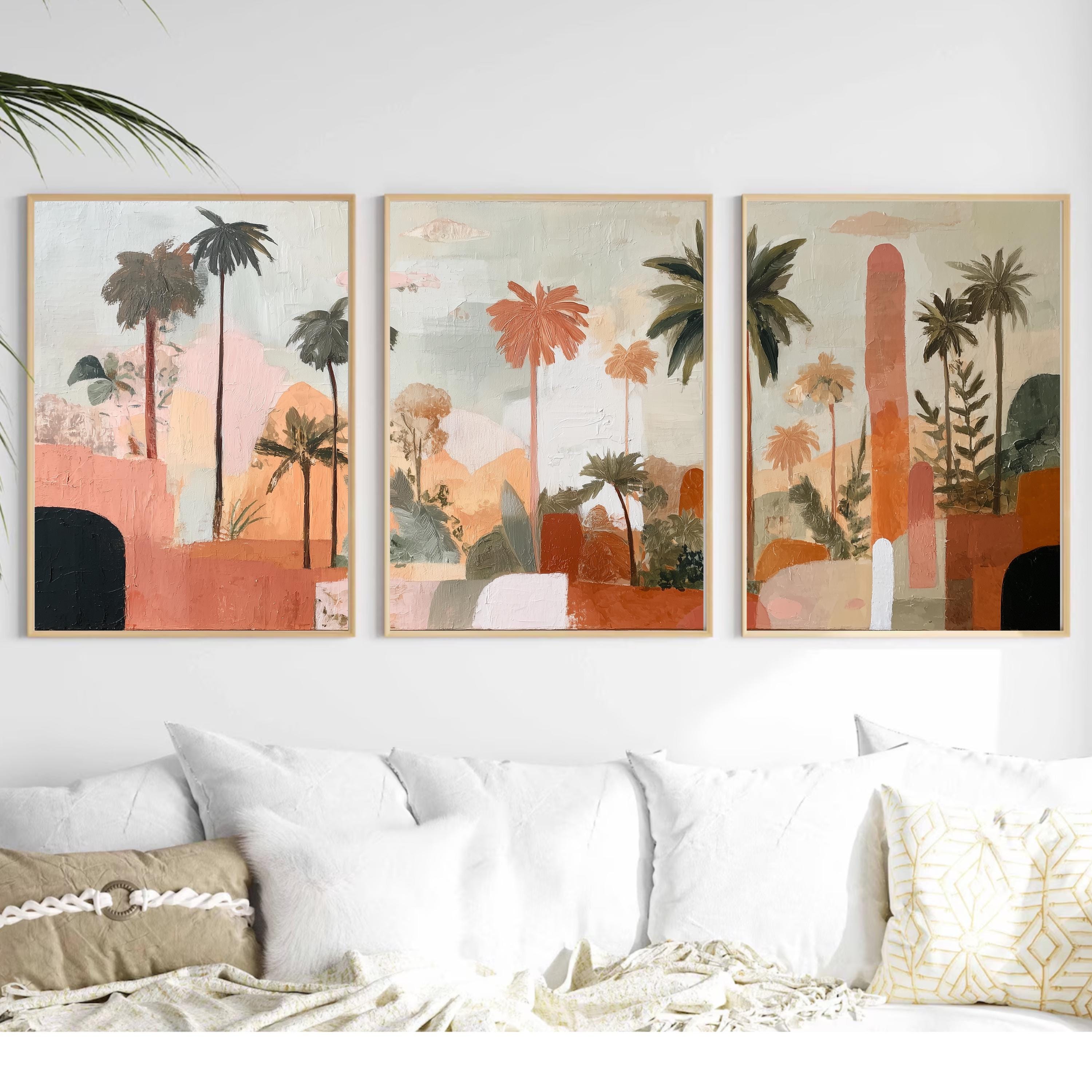 Boho Abstract Palm Tree Art Set of 3 | Tropical Landscape Prints | Terracotta Botanical Wall Decor | Warm Earth Tone Triptych Posters