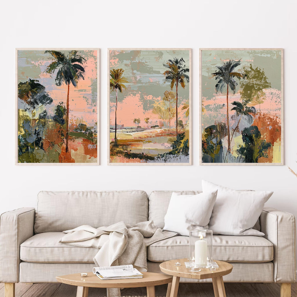 Coastal Abstract Palm Tree Art Set of 3 | Textured Canvas Style Prints | Modern Coastal Luxe Wall Decor | Pastel Sunset Tropical Triptych