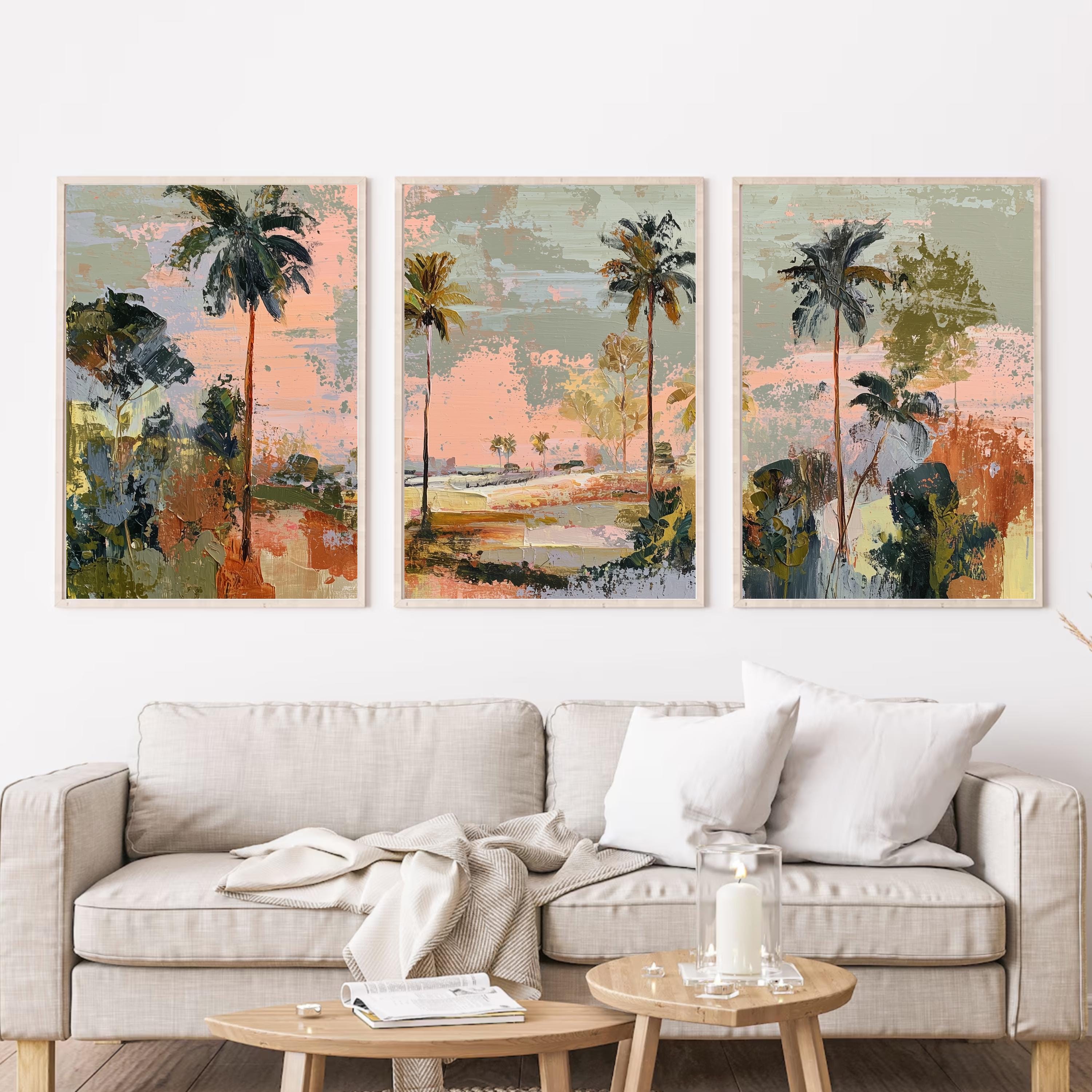 Coastal Abstract Palm Tree Art Set of 3 | Textured Canvas Style Prints | Modern Coastal Luxe Wall Decor | Pastel Sunset Tropical Triptych
