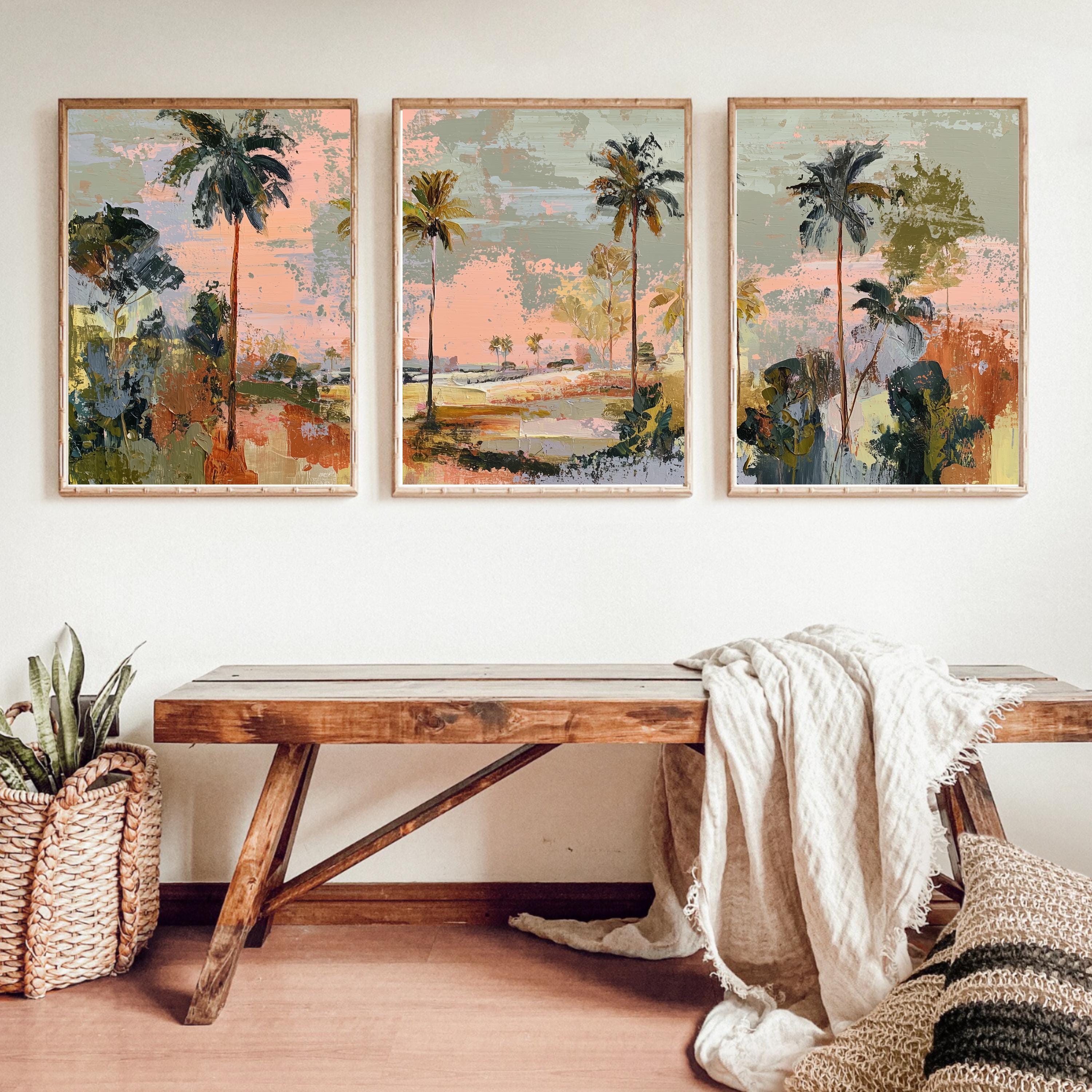 Coastal Abstract Palm Tree Art Set of 3 | Textured Canvas Style Prints | Modern Coastal Luxe Wall Decor | Pastel Sunset Tropical Triptych