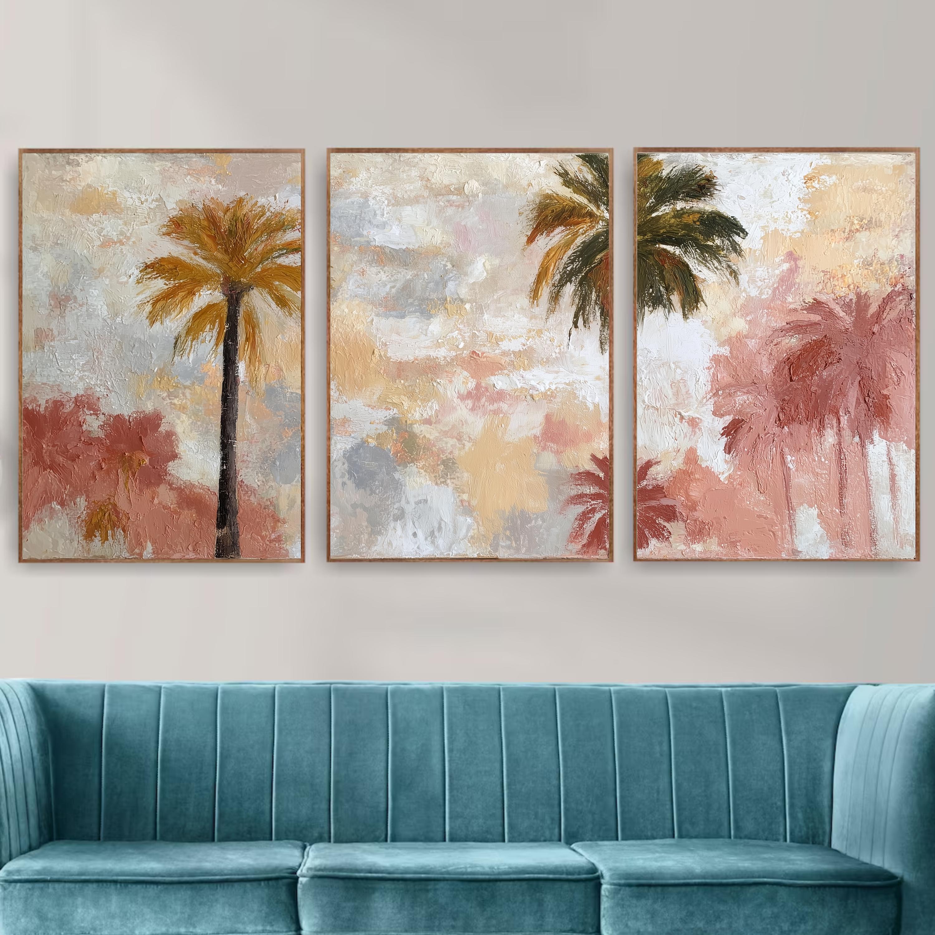 Soft Pastel Palm Tree Art Set of 3 | Impressionist Tropical Prints | Blush Neutral Wall Decor | Dreamy Boho Coastal Triptych Artwork