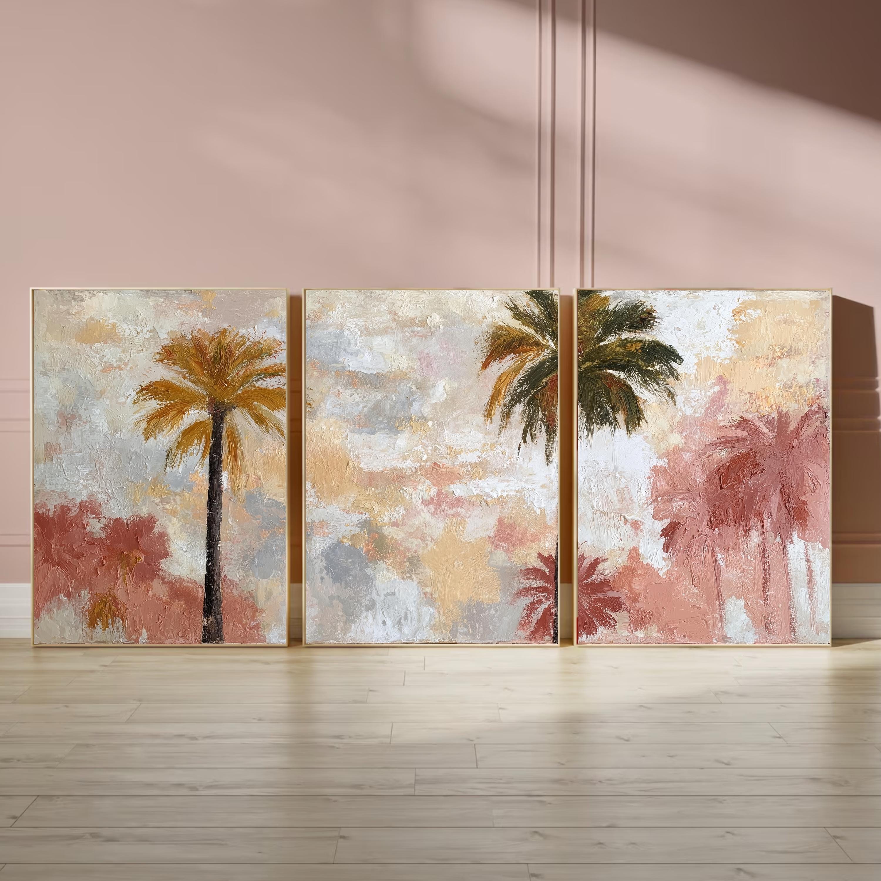 Soft Pastel Palm Tree Art Set of 3 | Impressionist Tropical Prints | Blush Neutral Wall Decor | Dreamy Boho Coastal Triptych Artwork