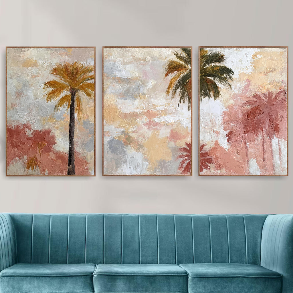 Soft Pastel Palm Tree Art Set of 3 | Impressionist Tropical Prints | Blush Neutral Wall Decor | Dreamy Boho Coastal Triptych Artwork