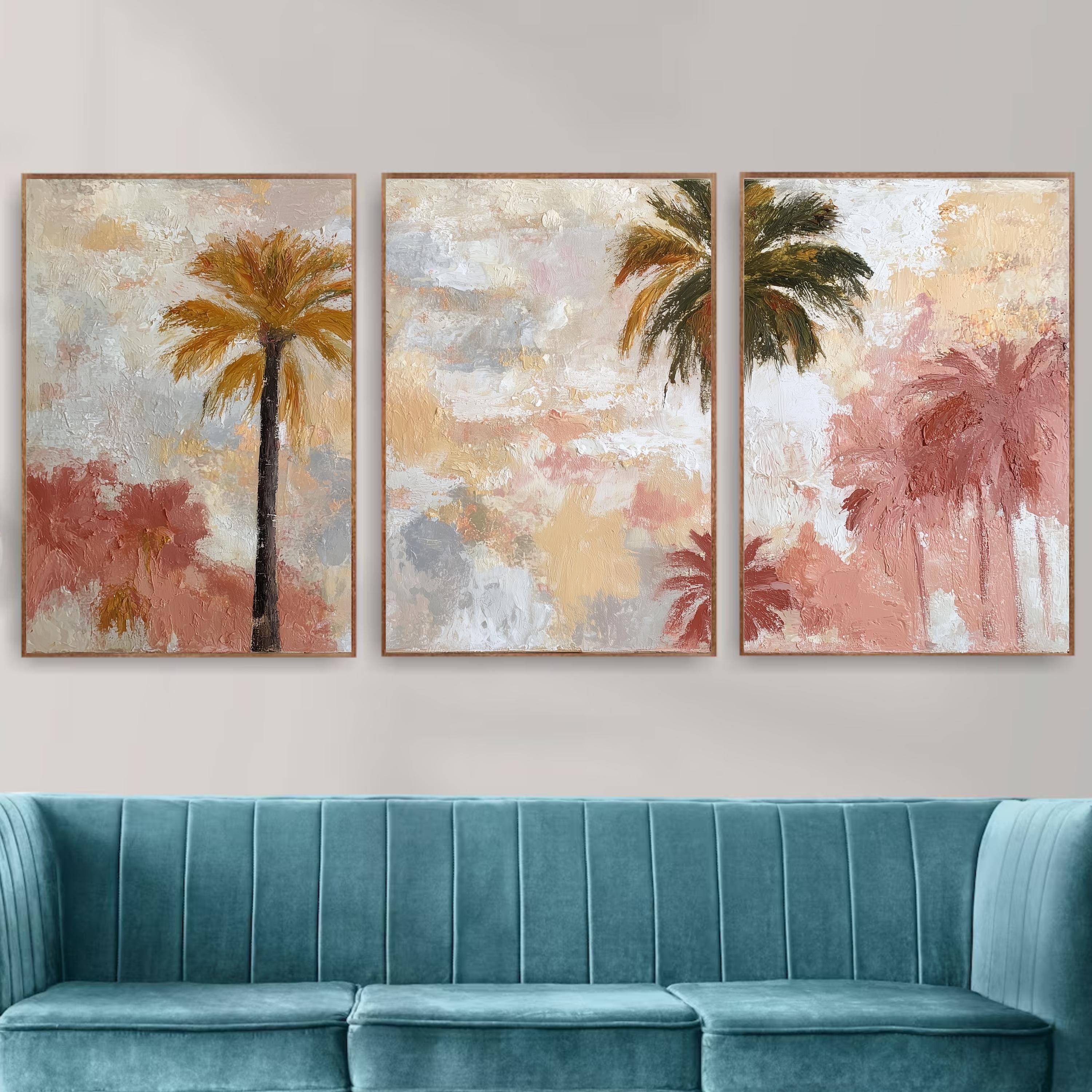 Soft Pastel Palm Tree Art Set of 3 | Impressionist Tropical Prints | Blush Neutral Wall Decor | Dreamy Boho Coastal Triptych Artwork