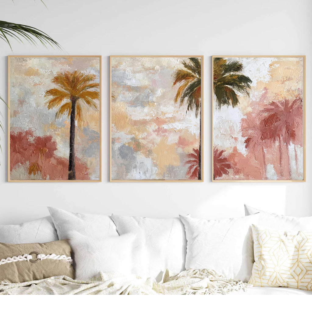 Soft Pastel Palm Tree Art Set of 3 | Impressionist Tropical Prints | Blush Neutral Wall Decor | Dreamy Boho Coastal Triptych Artwork