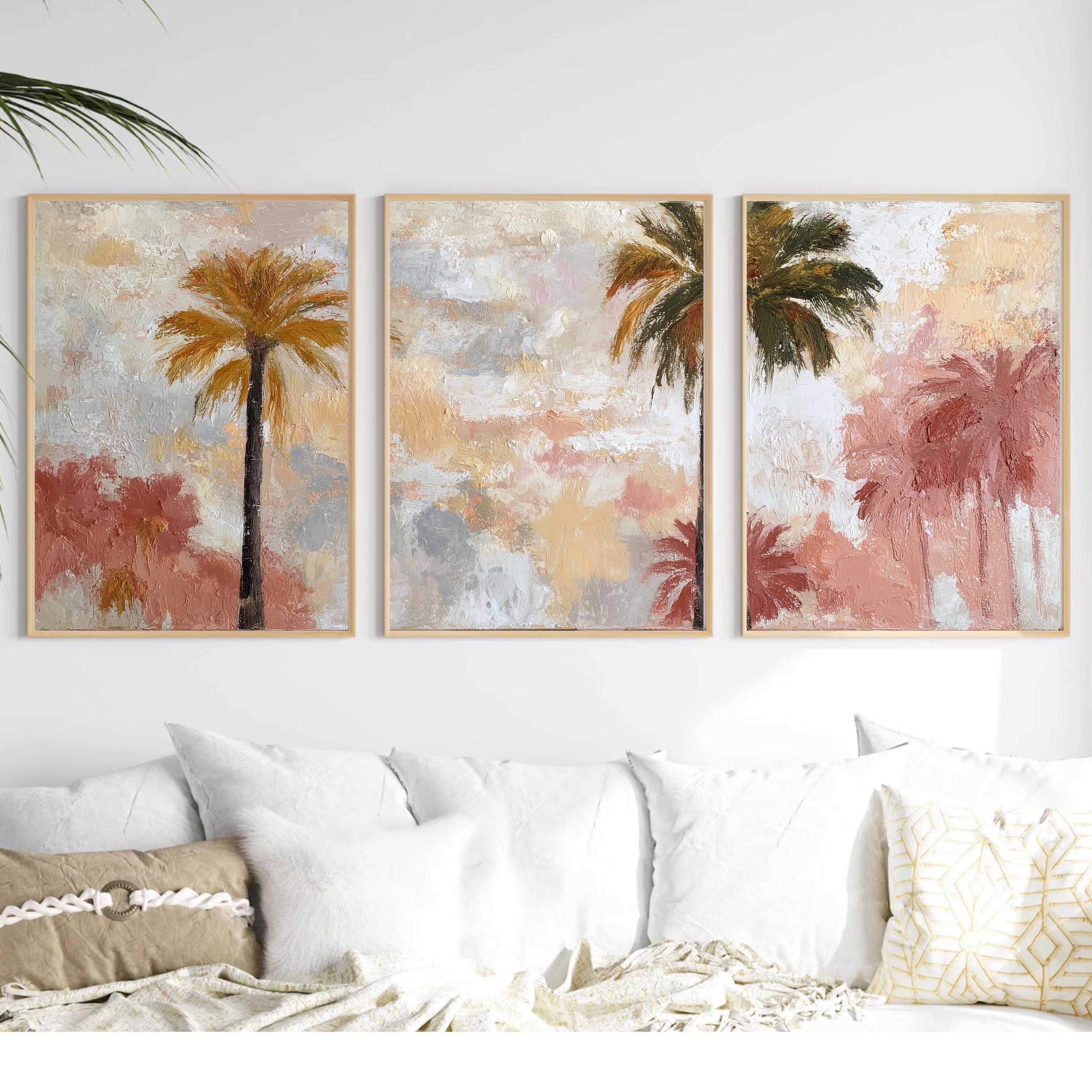 Soft Pastel Palm Tree Art Set of 3 | Impressionist Tropical Prints | Blush Neutral Wall Decor | Dreamy Boho Coastal Triptych Artwork