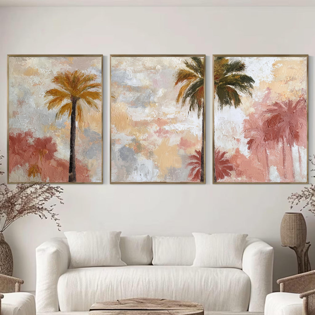 Soft Pastel Palm Tree Art Set of 3 | Impressionist Tropical Prints | Blush Neutral Wall Decor | Dreamy Boho Coastal Triptych Artwork
