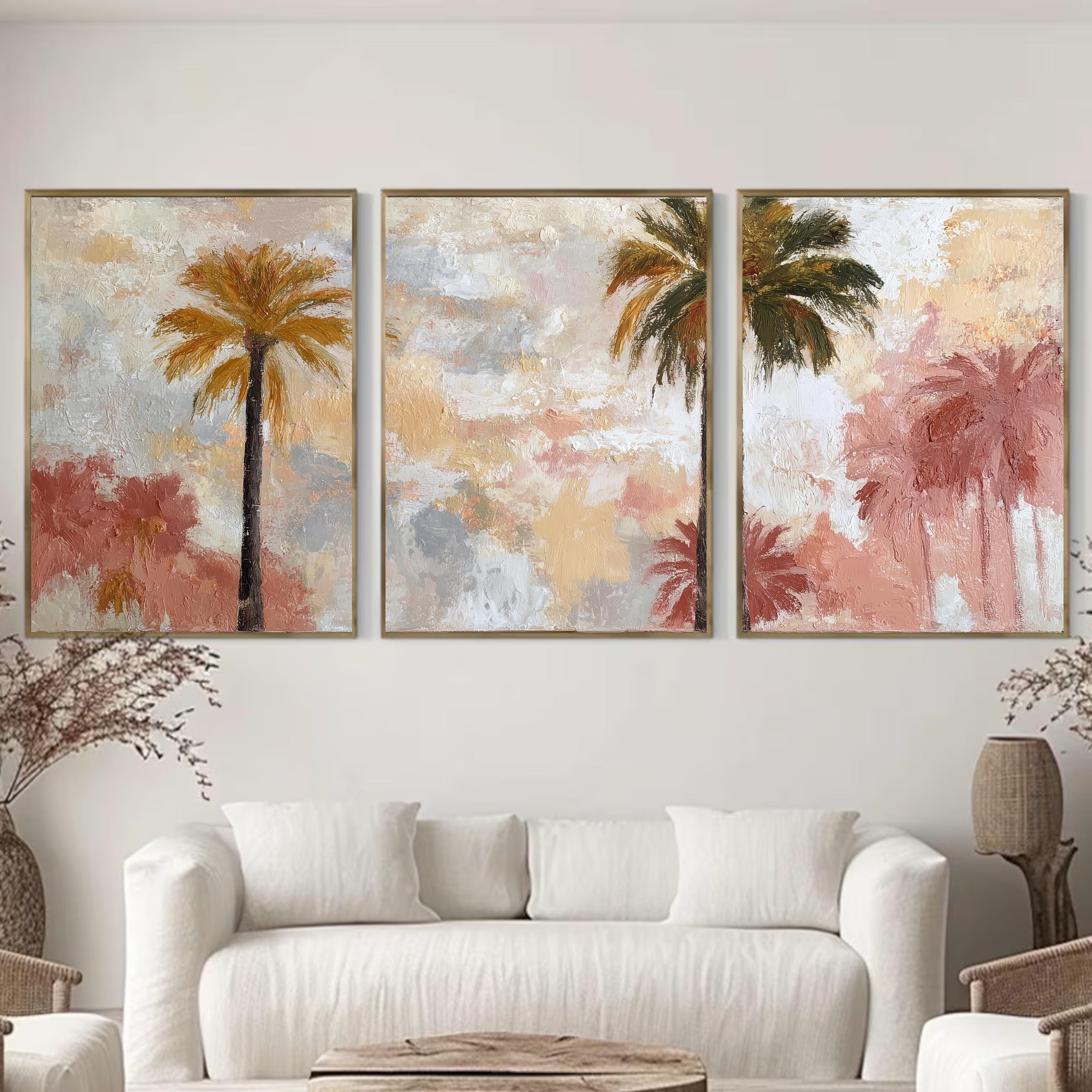 Soft Pastel Palm Tree Art Set of 3 | Impressionist Tropical Prints | Blush Neutral Wall Decor | Dreamy Boho Coastal Triptych Artwork