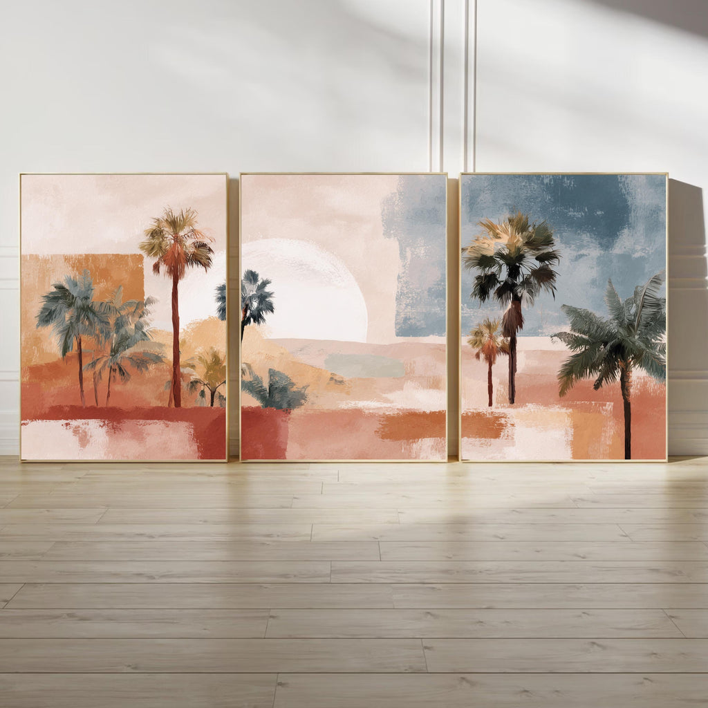 Desert Palm Tree Art Set of 3 | Mediterranean Sunset Prints | Warm Terracotta Wall Decor | Modern Boho Tropical Landscape Triptych