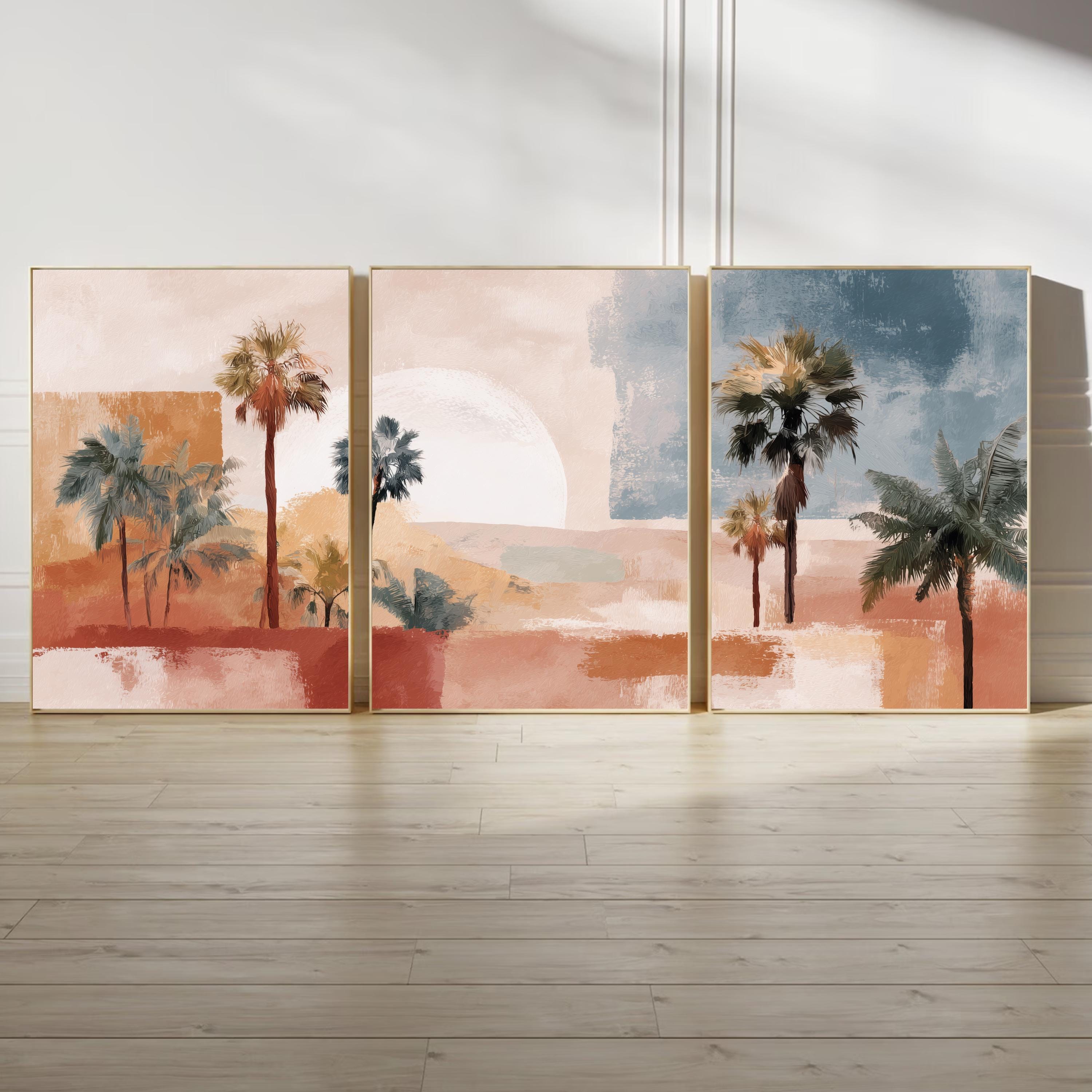 Desert Palm Tree Art Set of 3 | Mediterranean Sunset Prints | Warm Terracotta Wall Decor | Modern Boho Tropical Landscape Triptych