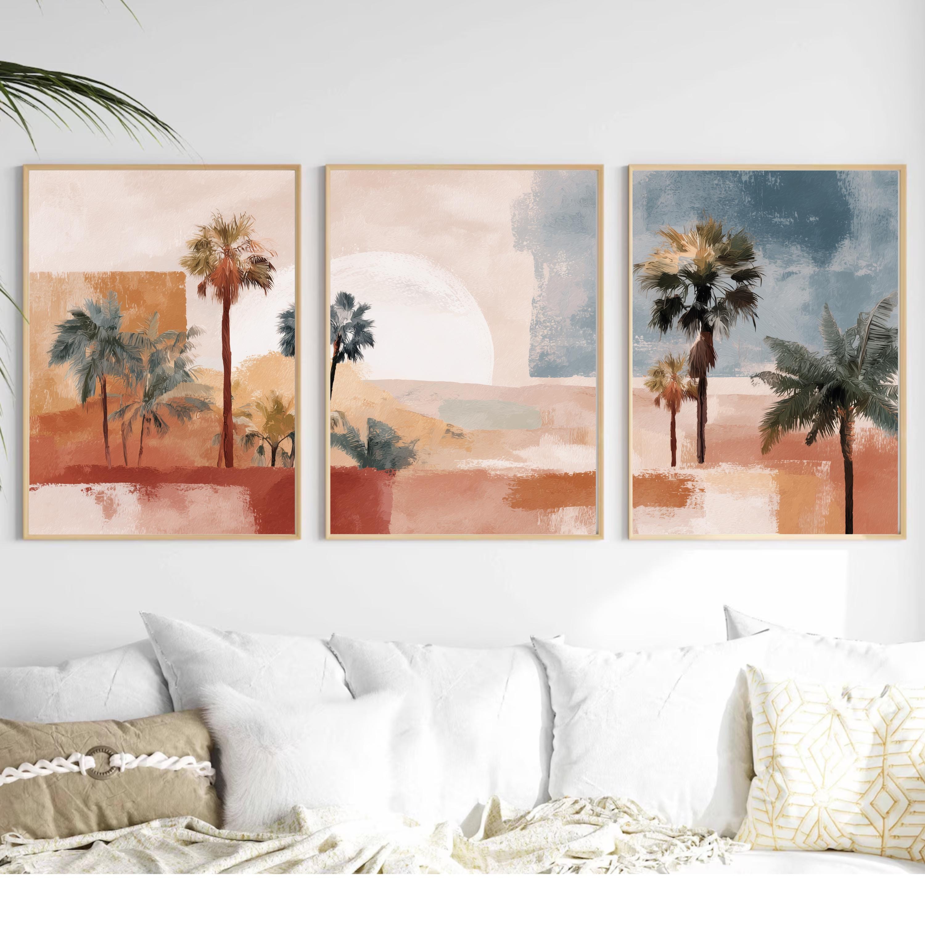Desert Palm Tree Art Set of 3 | Mediterranean Sunset Prints | Warm Terracotta Wall Decor | Modern Boho Tropical Landscape Triptych