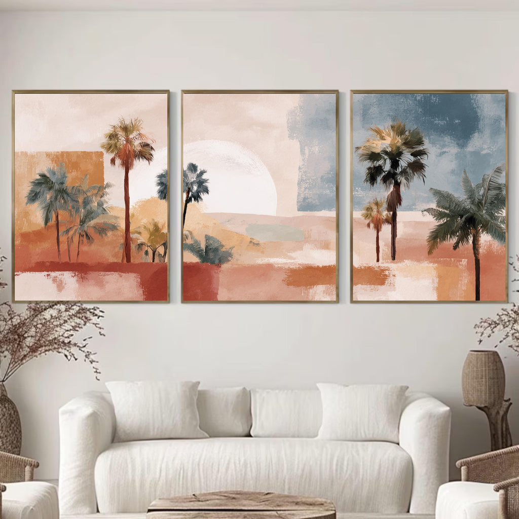 Desert Palm Tree Art Set of 3 | Mediterranean Sunset Prints | Warm Terracotta Wall Decor | Modern Boho Tropical Landscape Triptych