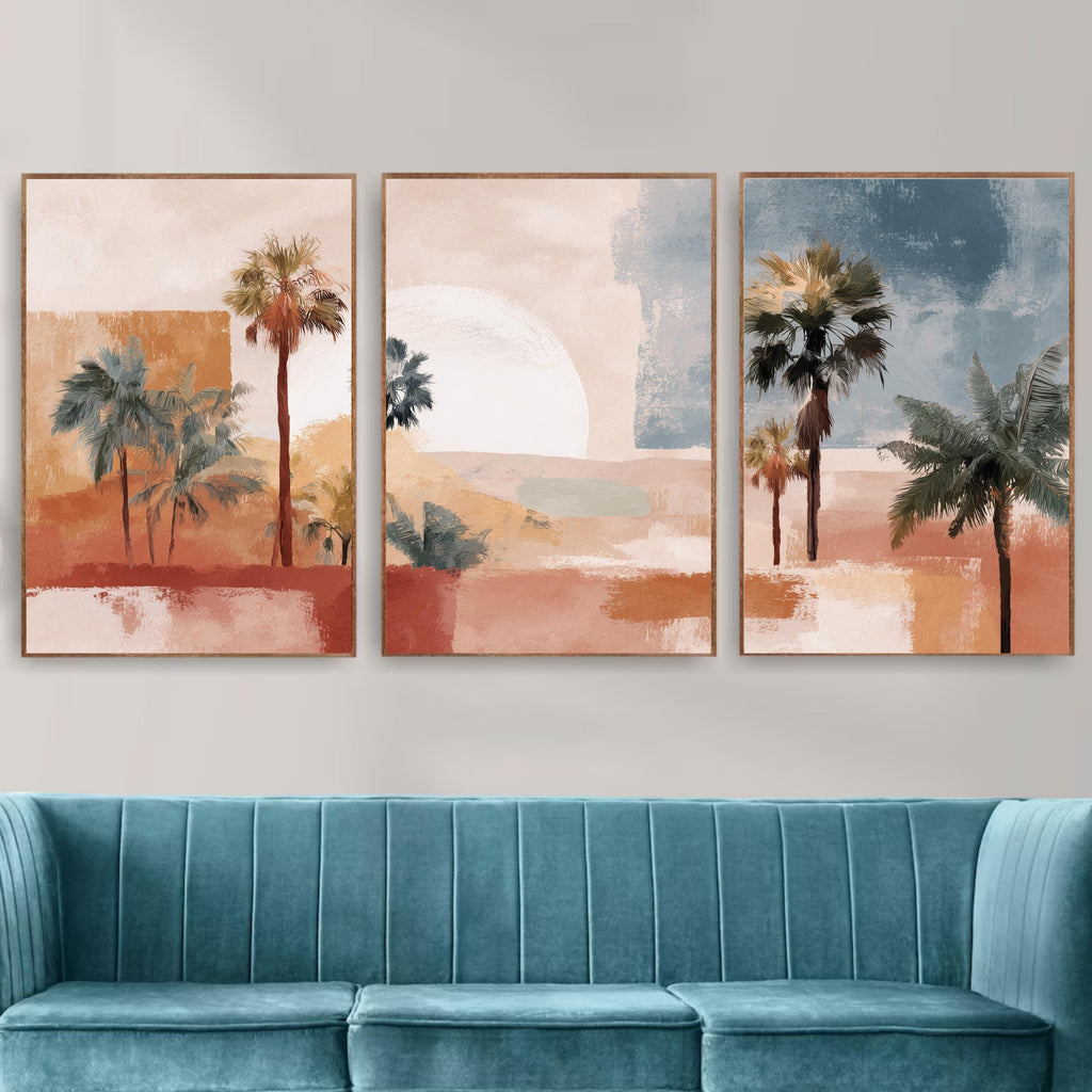 Desert Palm Tree Art Set of 3 | Mediterranean Sunset Prints | Warm Terracotta Wall Decor | Modern Boho Tropical Landscape Triptych