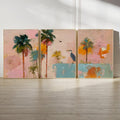 Colorful Coastal Palm Tree Art Set of 3 with Bird | Abstract Tropical Wall Prints | Playful Boho Beach Art | Pink Teal Sunset Triptych