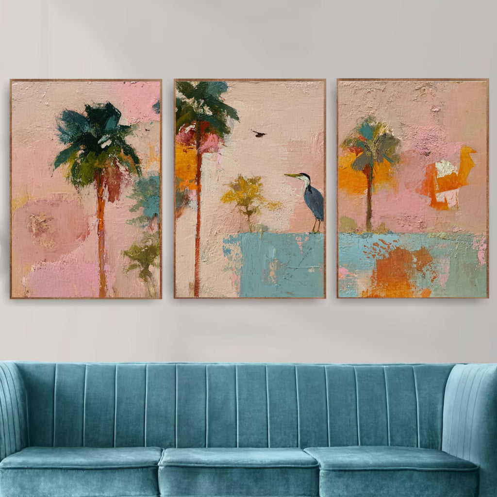 Colorful Coastal Palm Tree Art Set of 3 with Bird | Abstract Tropical Wall Prints | Playful Boho Beach Art | Pink Teal Sunset Triptych