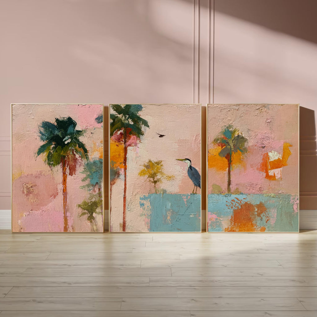 Colorful Coastal Palm Tree Art Set of 3 with Bird | Abstract Tropical Wall Prints | Playful Boho Beach Art | Pink Teal Sunset Triptych