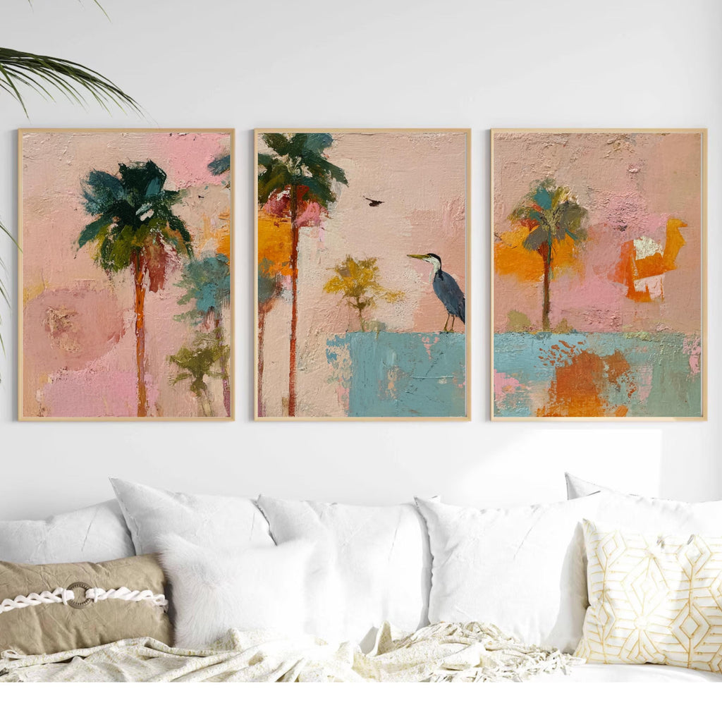 Colorful Coastal Palm Tree Art Set of 3 with Bird | Abstract Tropical Wall Prints | Playful Boho Beach Art | Pink Teal Sunset Triptych