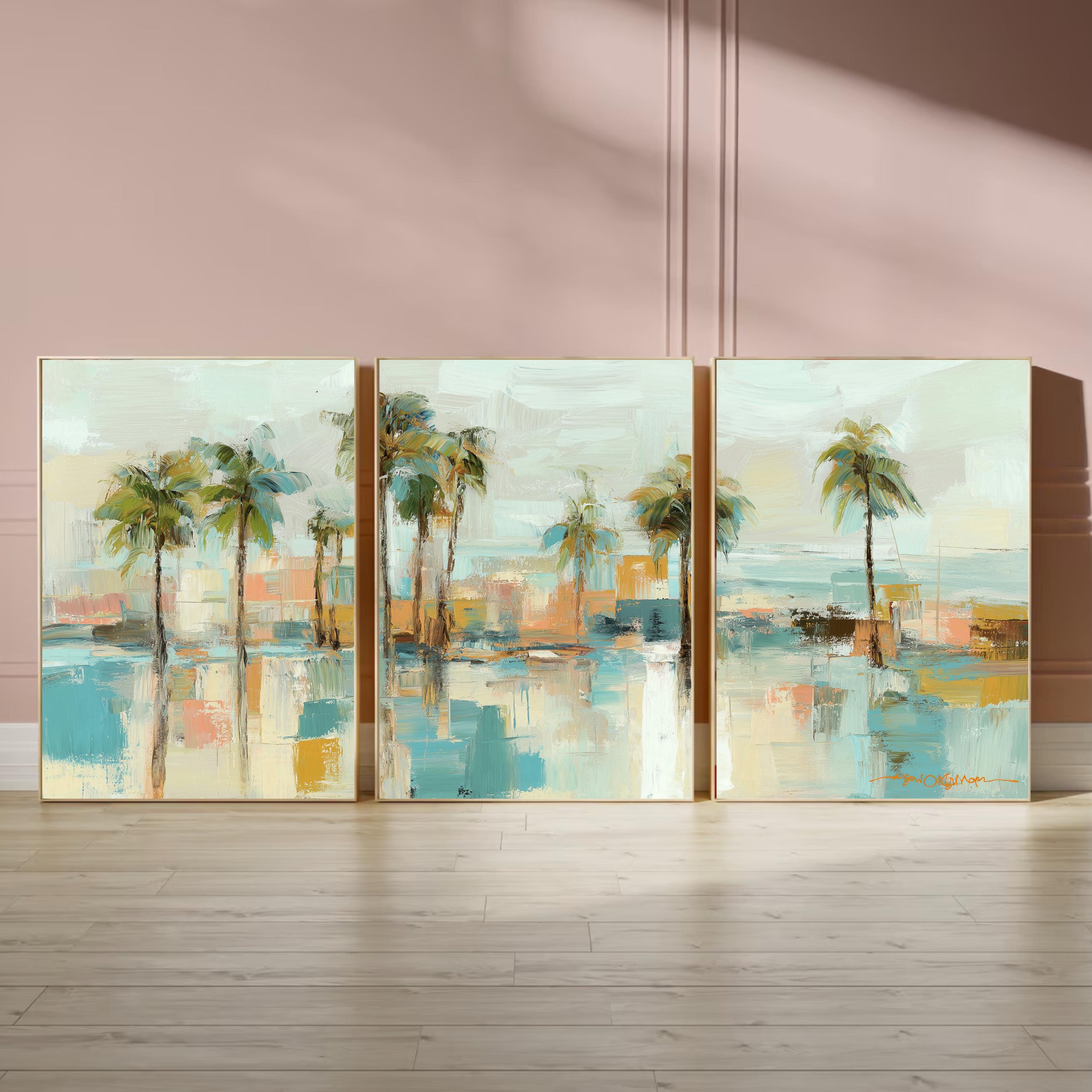Ocean Coastal Palm Tree Art Set of 3 | Aqua Blue Tropical Prints | Modern Abstract Beach Wall Decor | Serene Coastal Triptych Artwork