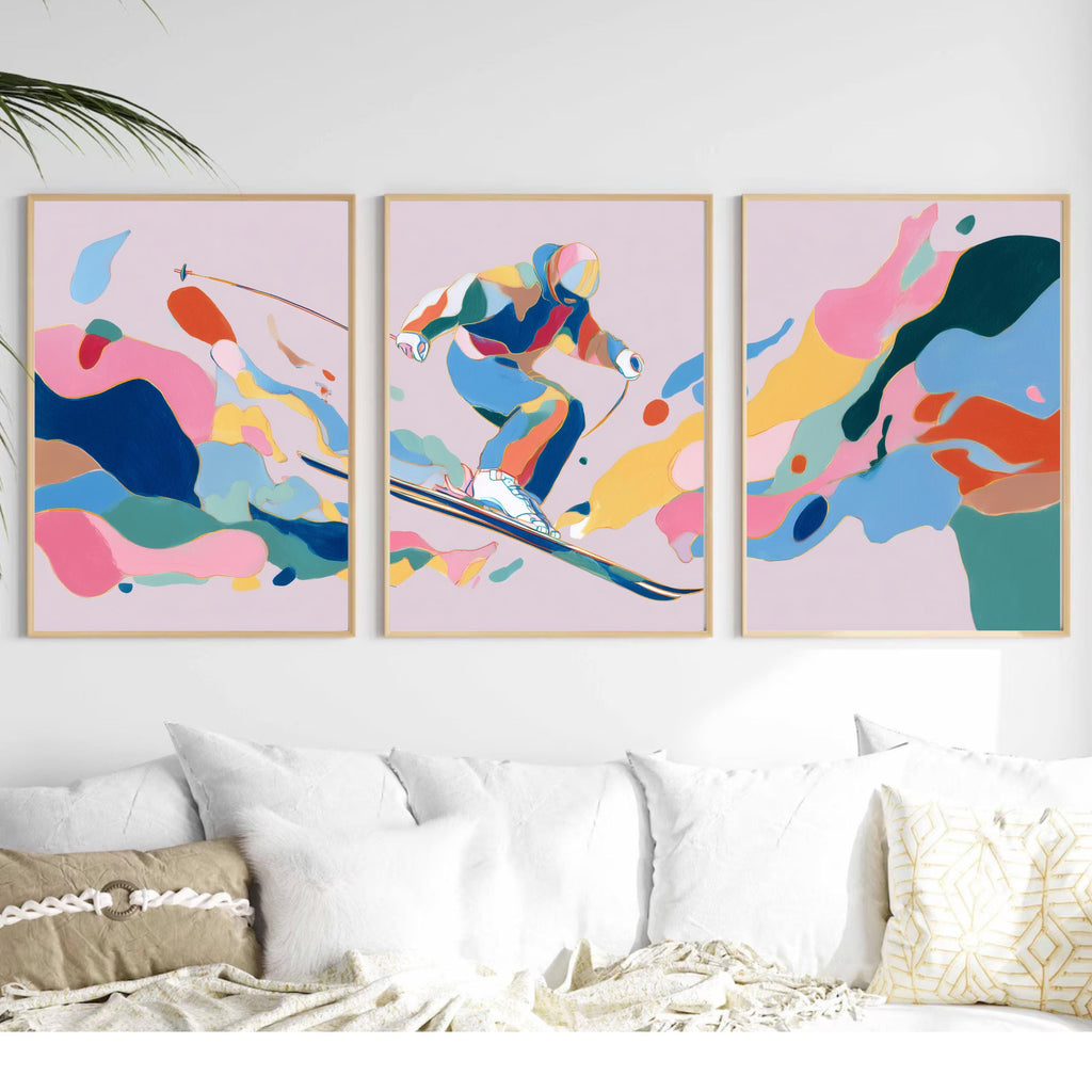 Abstract Skier Painting Poster Set | 3 Piece Wall Art Prints | Extreme Winter Sports Acrylic Artwork | Large 32x24 Inch Prints